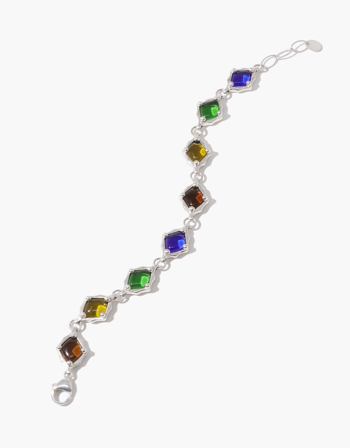 Cadence Bracelet in a rainbow of blue, green, olive and amber glass Eco Gems, each framed in scalloped sterling silver. Cadence Bracelet | Metal by CLED.