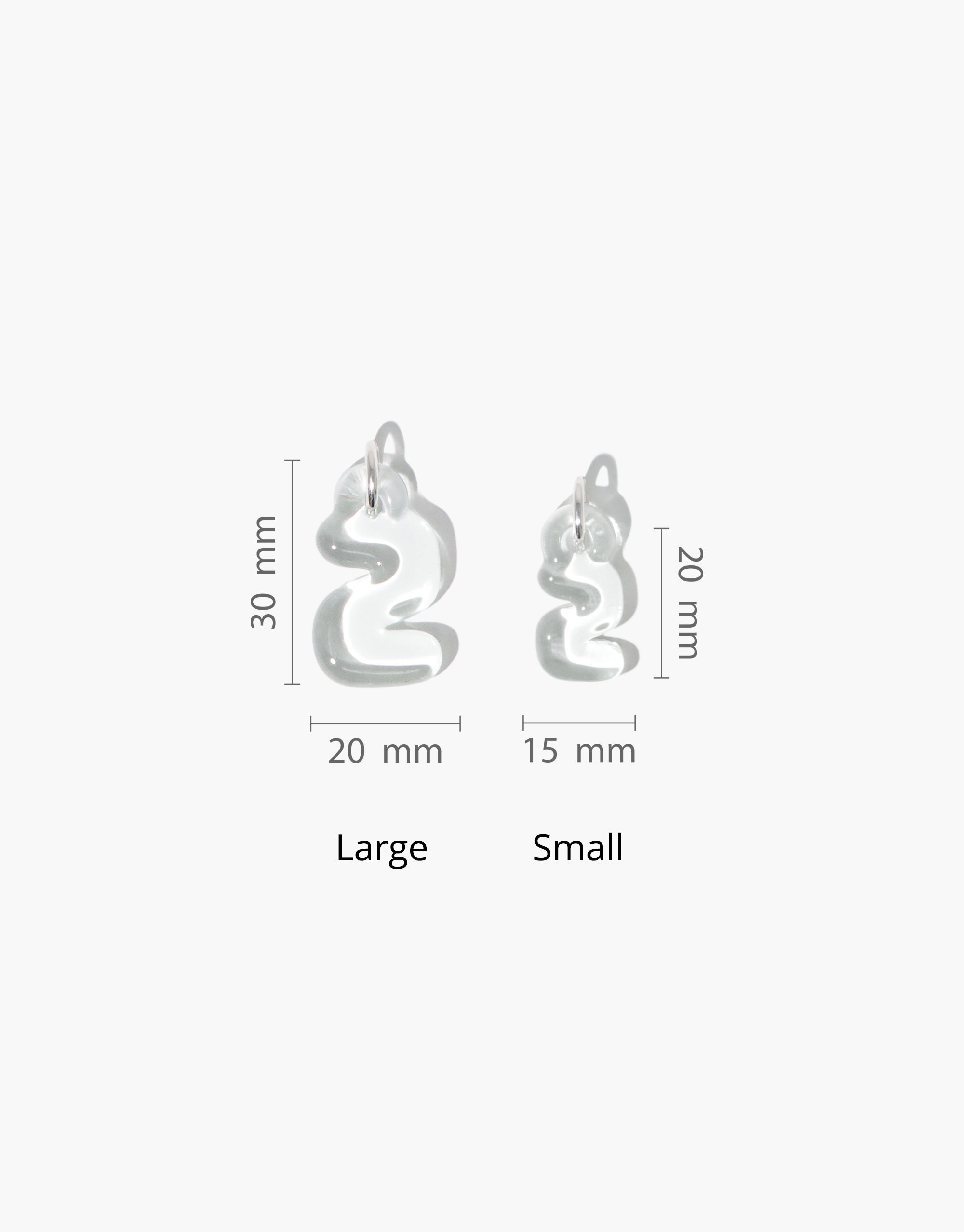 Two transparent glass letter charms in Korean Hangul script, shown in large and small sizes with dimensions. The charms feature a curved, bubble-like design. Letter Charm | 한글 Hangul product by CLED.