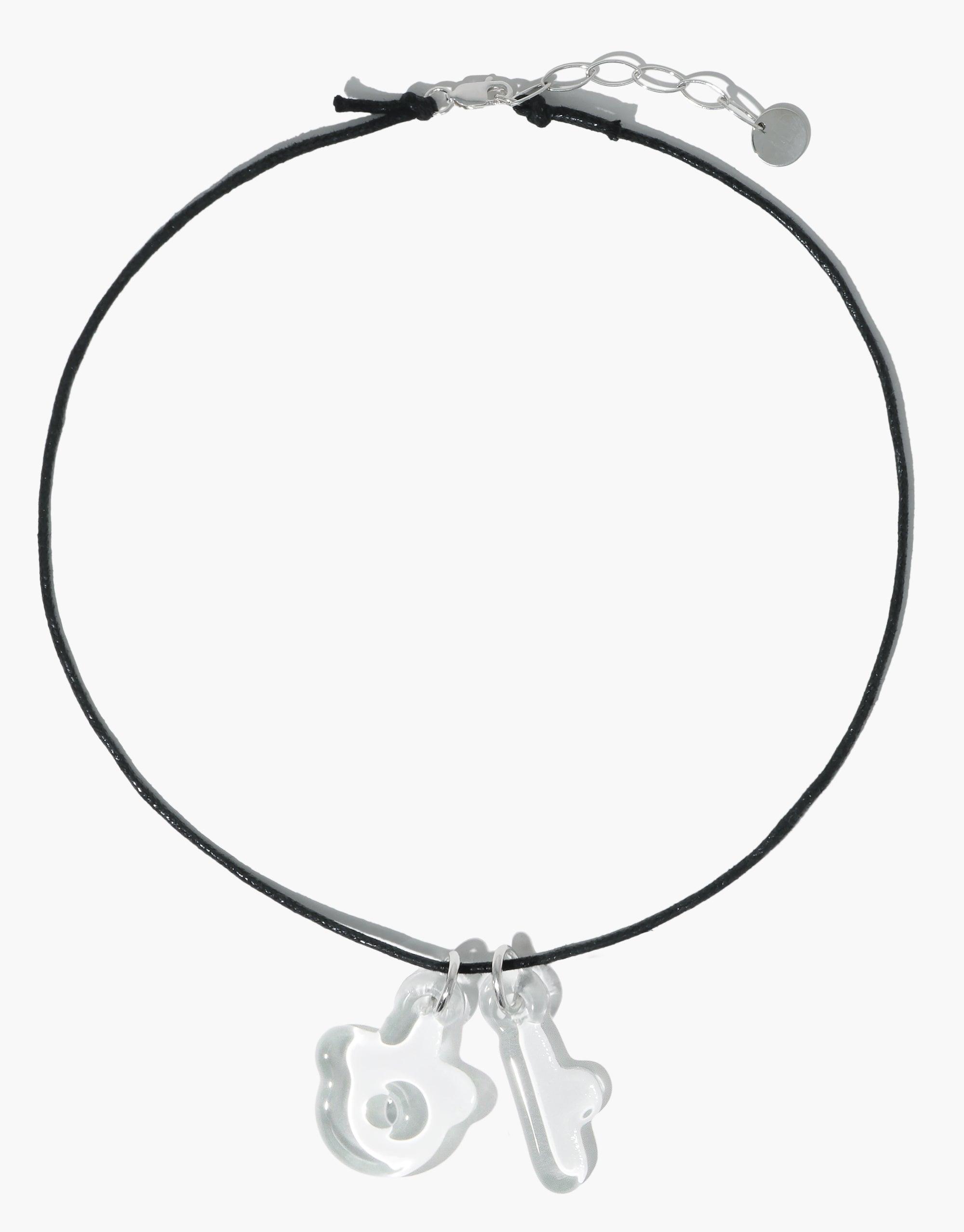 Black cord necklace with transparent glass Hangul letter charms, showcasing Korean alphabet characters. Adjustable silver chain clasp. Eco-friendly jewelry celebrating language and culture. Letter Charm | 한글 Hangul by CLED.