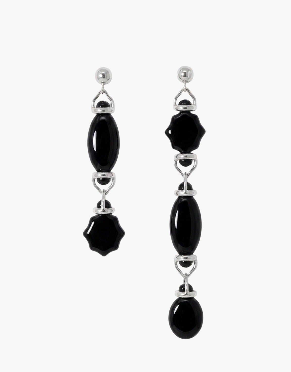 Picot Linear Earrings in black basalt glass Eco Gems alternating with sterling silver beads down a long linear drop. Lace-inspired minimal design from the Las Collection. Picot Linear Earrings by CLED.
