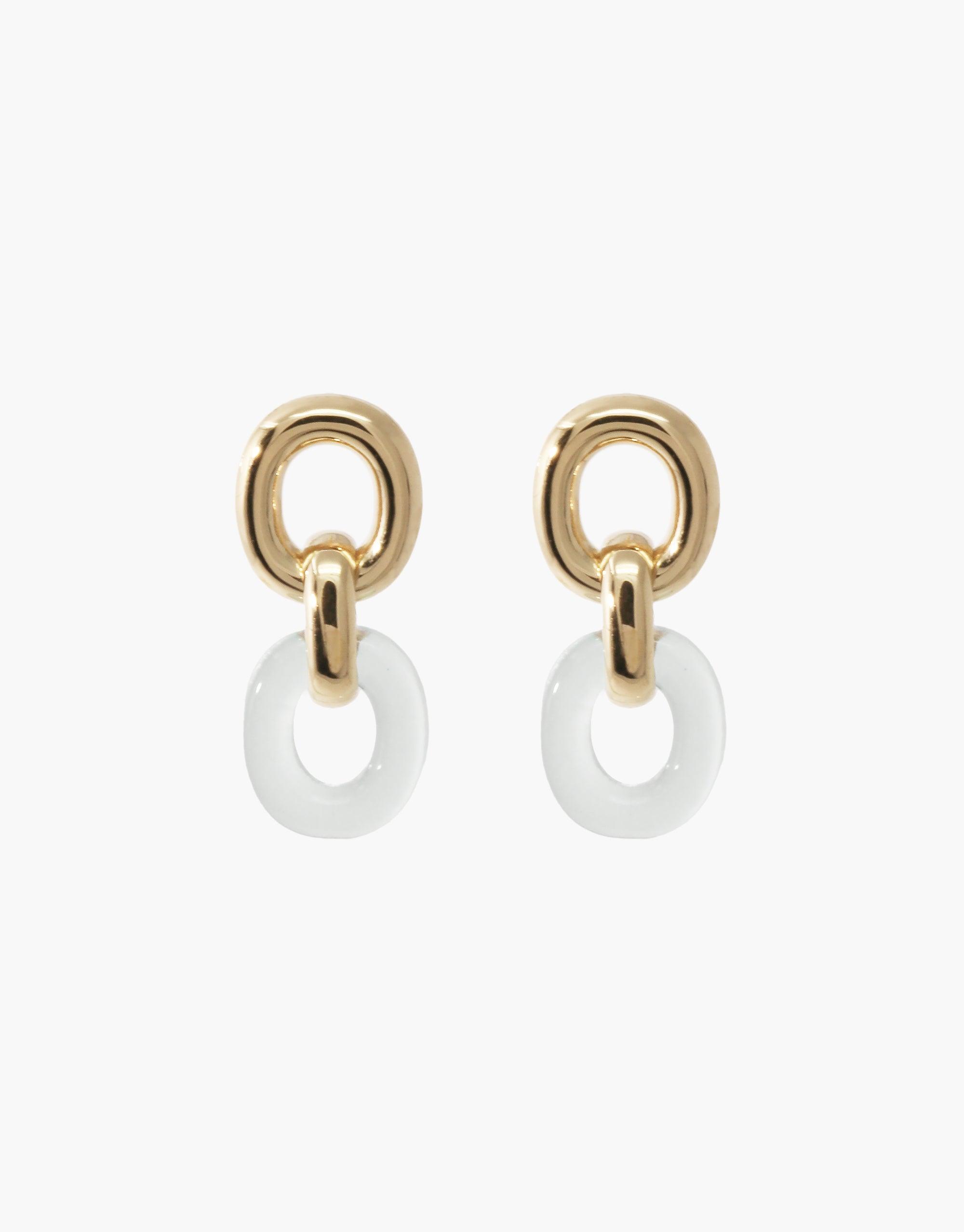 Elegant Connected Loop Earrings featuring gold-tone metal and white upcycled material links, symbolizing unity and sustainable fashion. Trendy yet eco-conscious design perfect for modern, environmentally-aware individuals. CLED Connected Loop Earrings