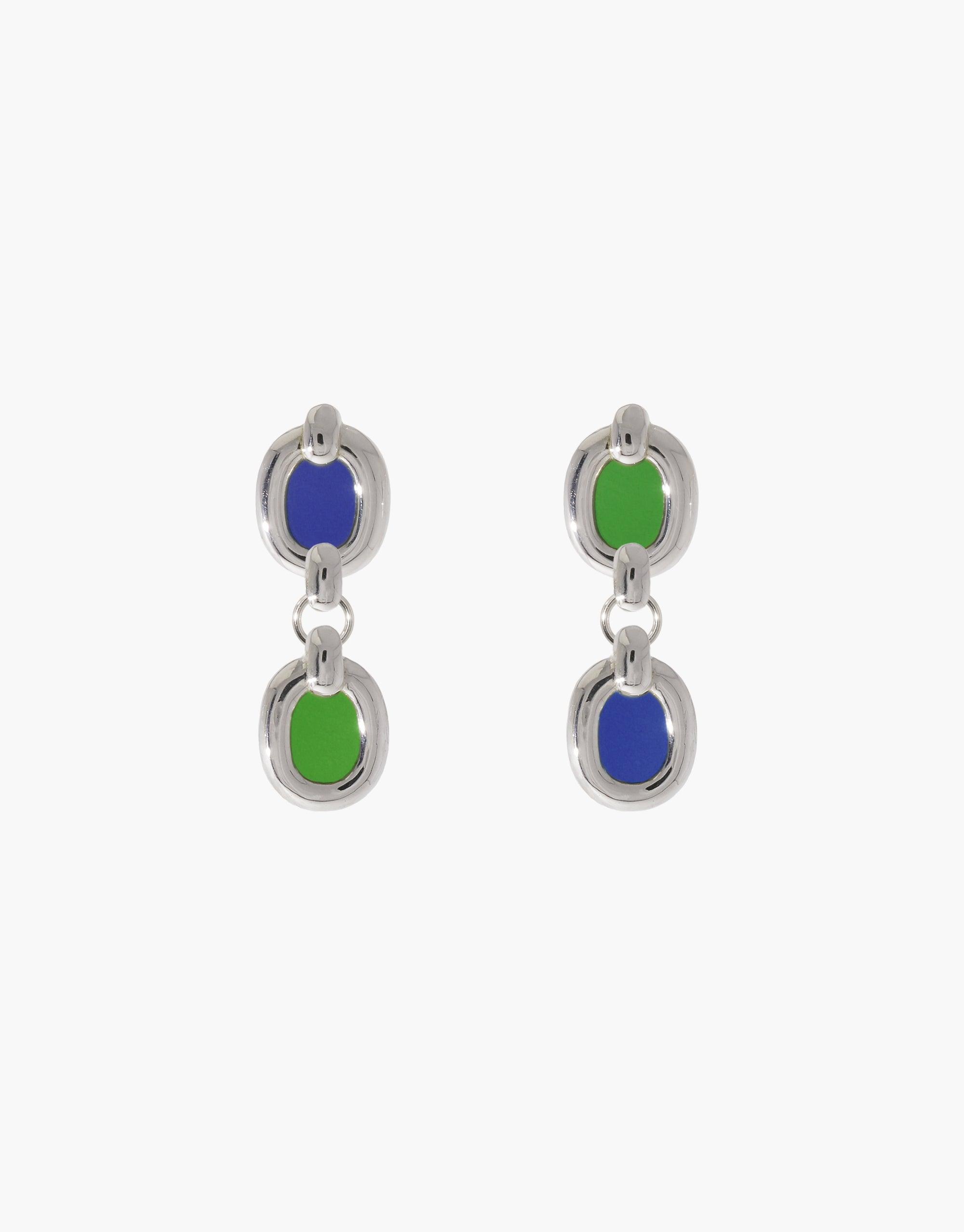 Silver dangle earrings with alternating blue and green circular elements, showcasing a modern and sustainable design. Duo Core Loop Earrings symbolize unity and upcycling, perfect for eco-conscious fashion lovers. CLED