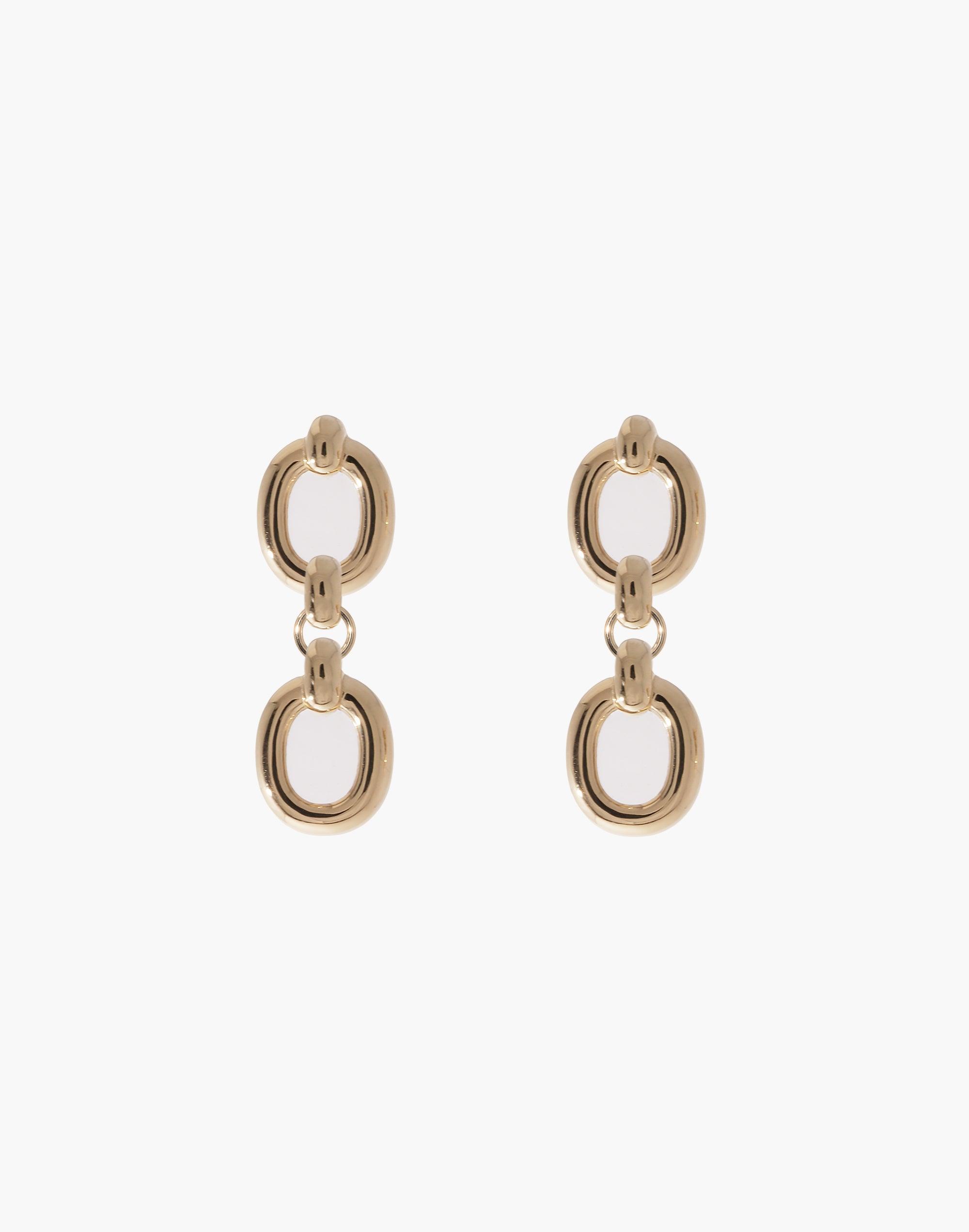 Elegant gold-toned Duo Core Loop Earrings featuring two interconnected oval shapes, symbolizing unity and connection. These dangle earrings showcase a minimalist design with a modern twist, perfect for everyday wear or special occasions. Upcycled and sustainable jewelry by CLED.