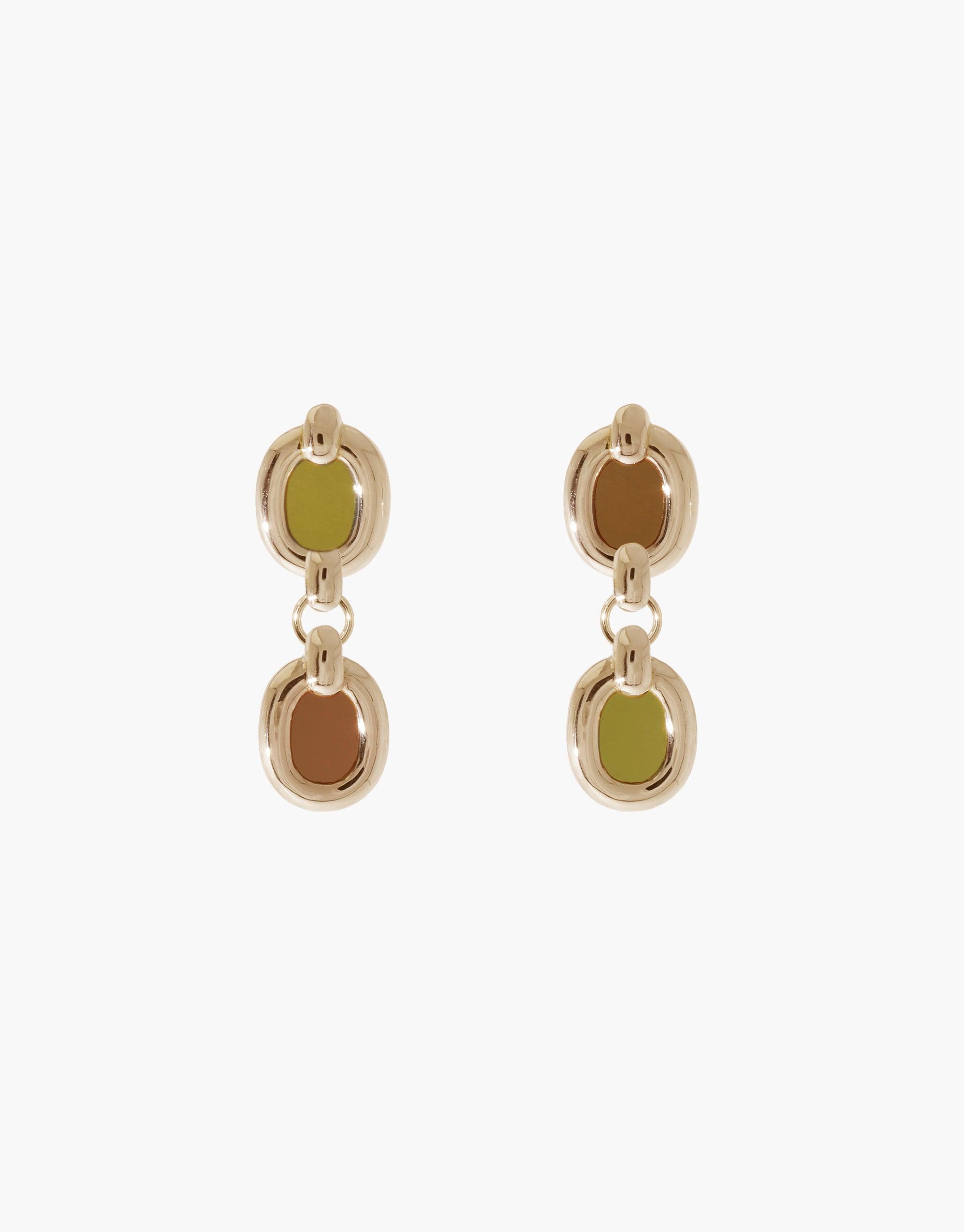 Elegant Duo Core Loop Earrings featuring interlocking gold-toned ovals with contrasting olive and brown enamel accents. Sustainably crafted drop earrings symbolizing unity and upcycling. Perfect for eco-conscious fashion lovers. Unique statement piece from CLED's Loop Collection. Duo Core Loop Earrings by CLED.
