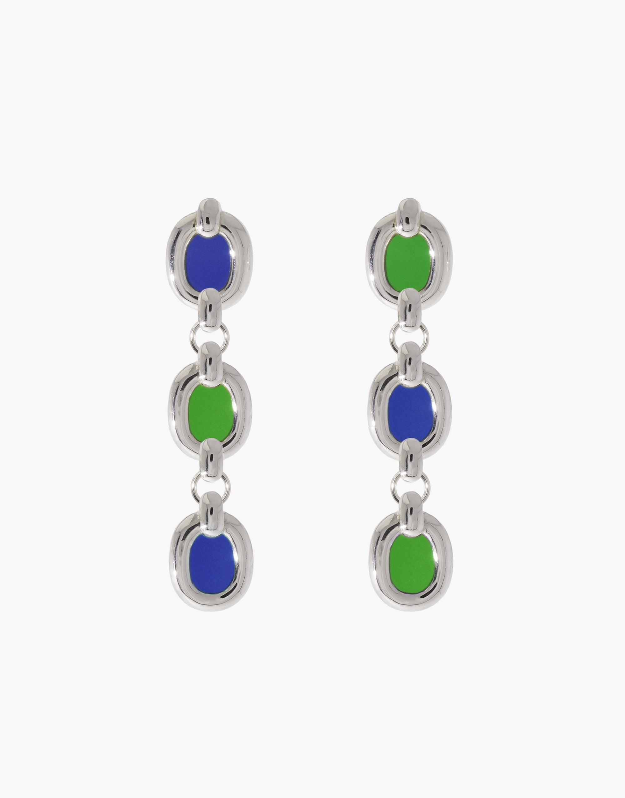 Trio Core Loop Earrings featuring blue and green oval stones, crafted by CLED from upcycled glass, exemplifying eco-conscious jewelry design.