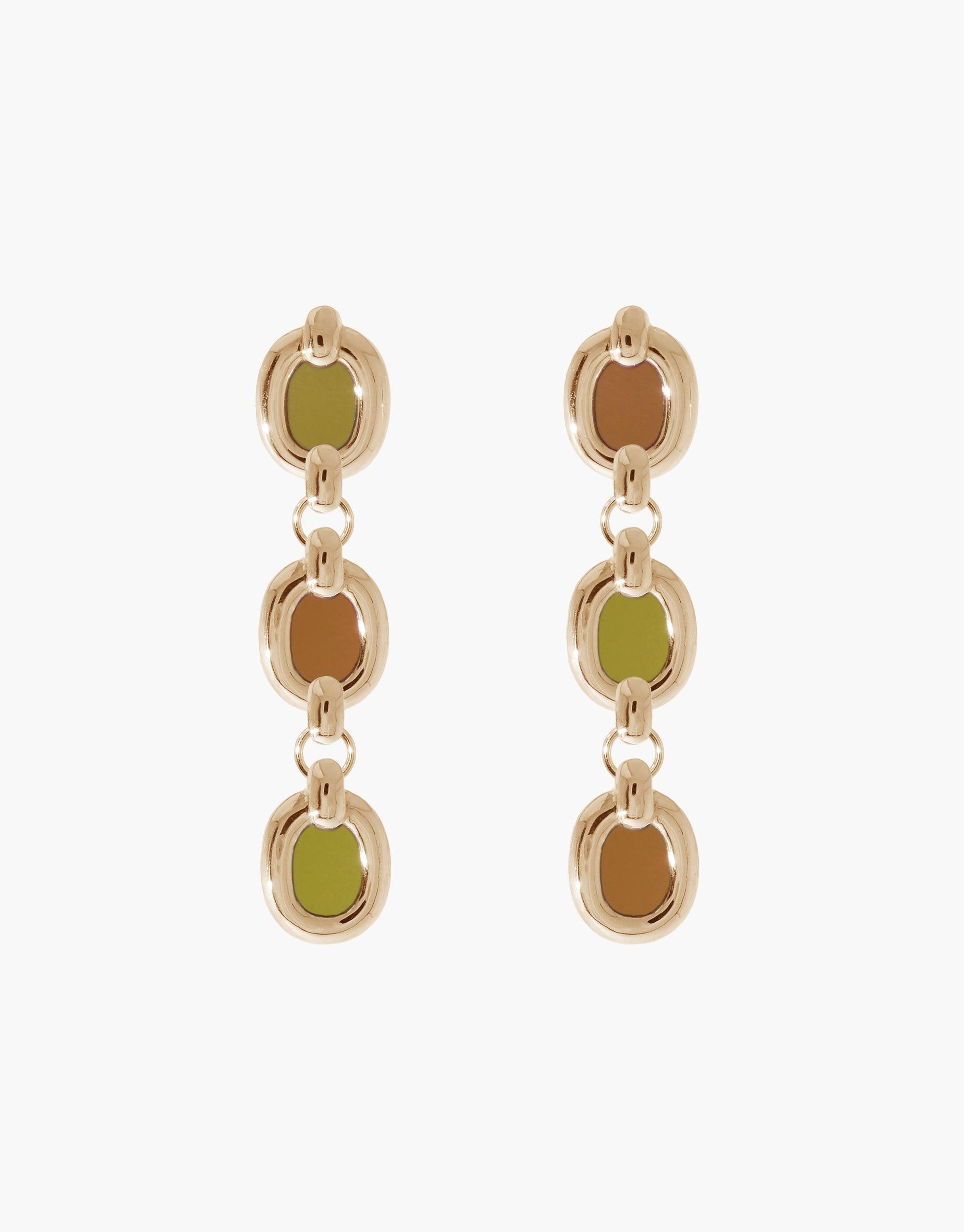 Trio Core Loop Earrings featuring green and brown stones, a part of CLED's eco-conscious collection, showcasing upcycled materials with intricate gold detailing.