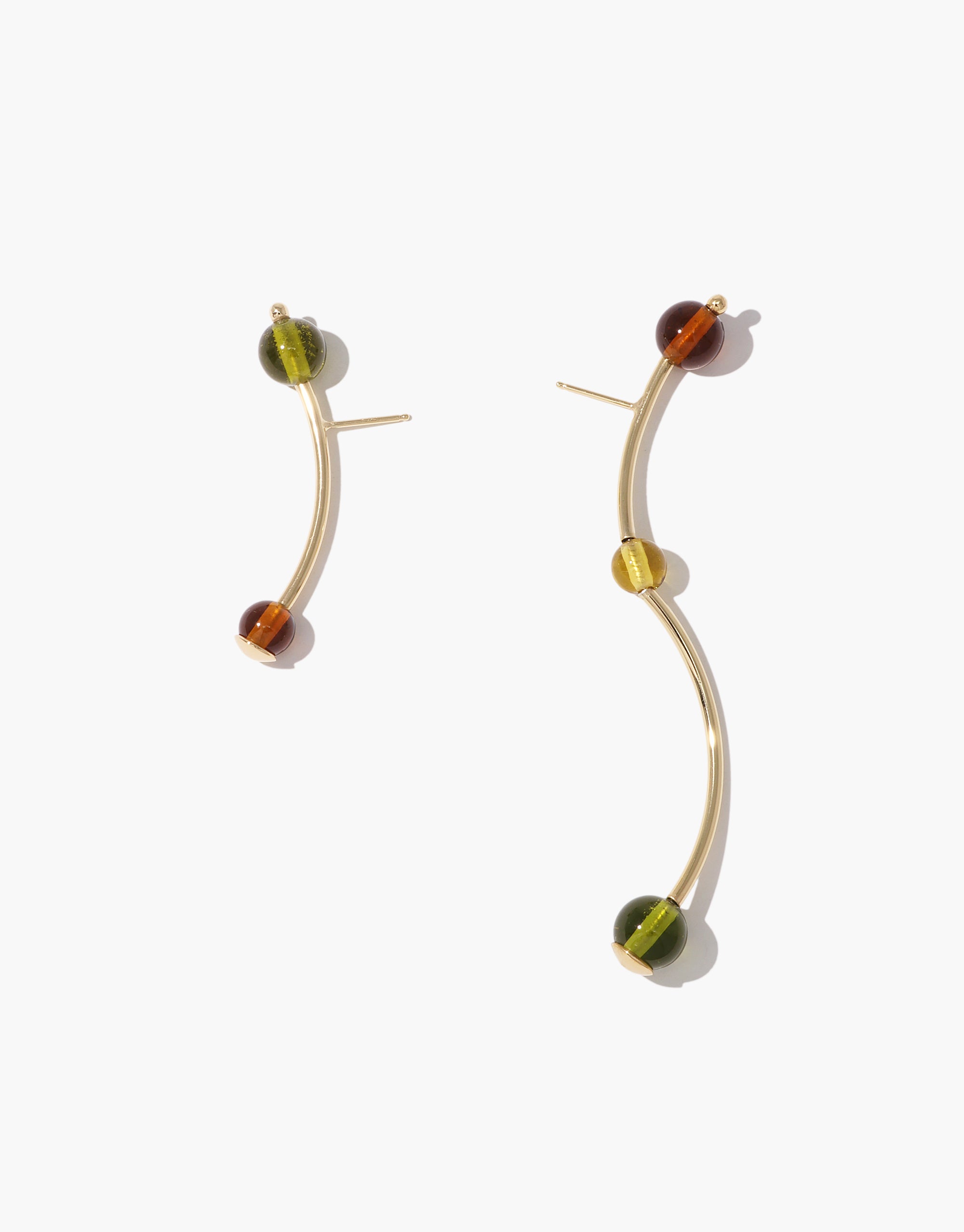 Mismatched curved silver Halo Earrings with amber and olive glass spheres, asymmetrical modern design by CLED