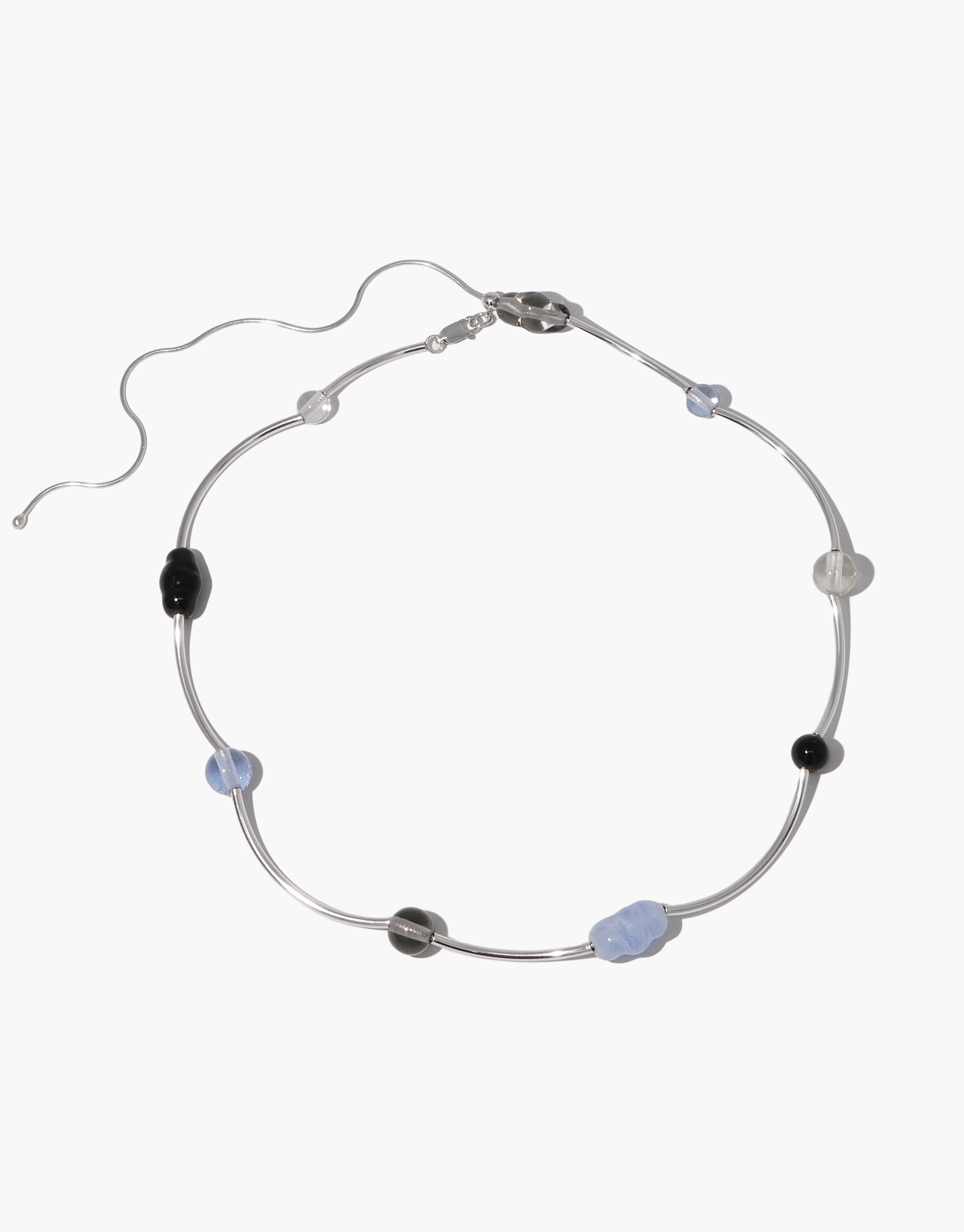 Halo Necklace with curved silver forms and delicate glass beads in alternating colors, creating a flowing wave pattern - CLED