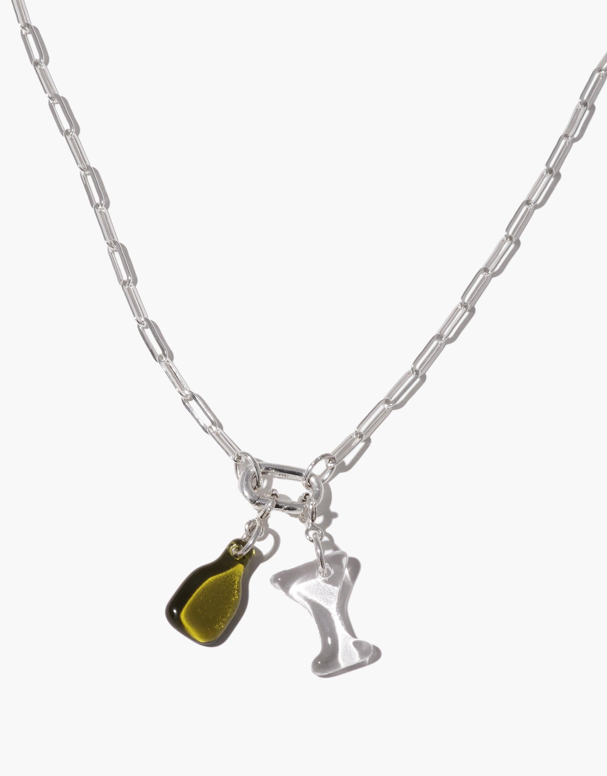 Sleek silver chain necklace with two unique charms: a yellow teardrop and a stylized letter 'I'. Perfect for customizing with additional Icon charms or wearing as a standalone statement piece. Icon Chain Necklace | E by CLED