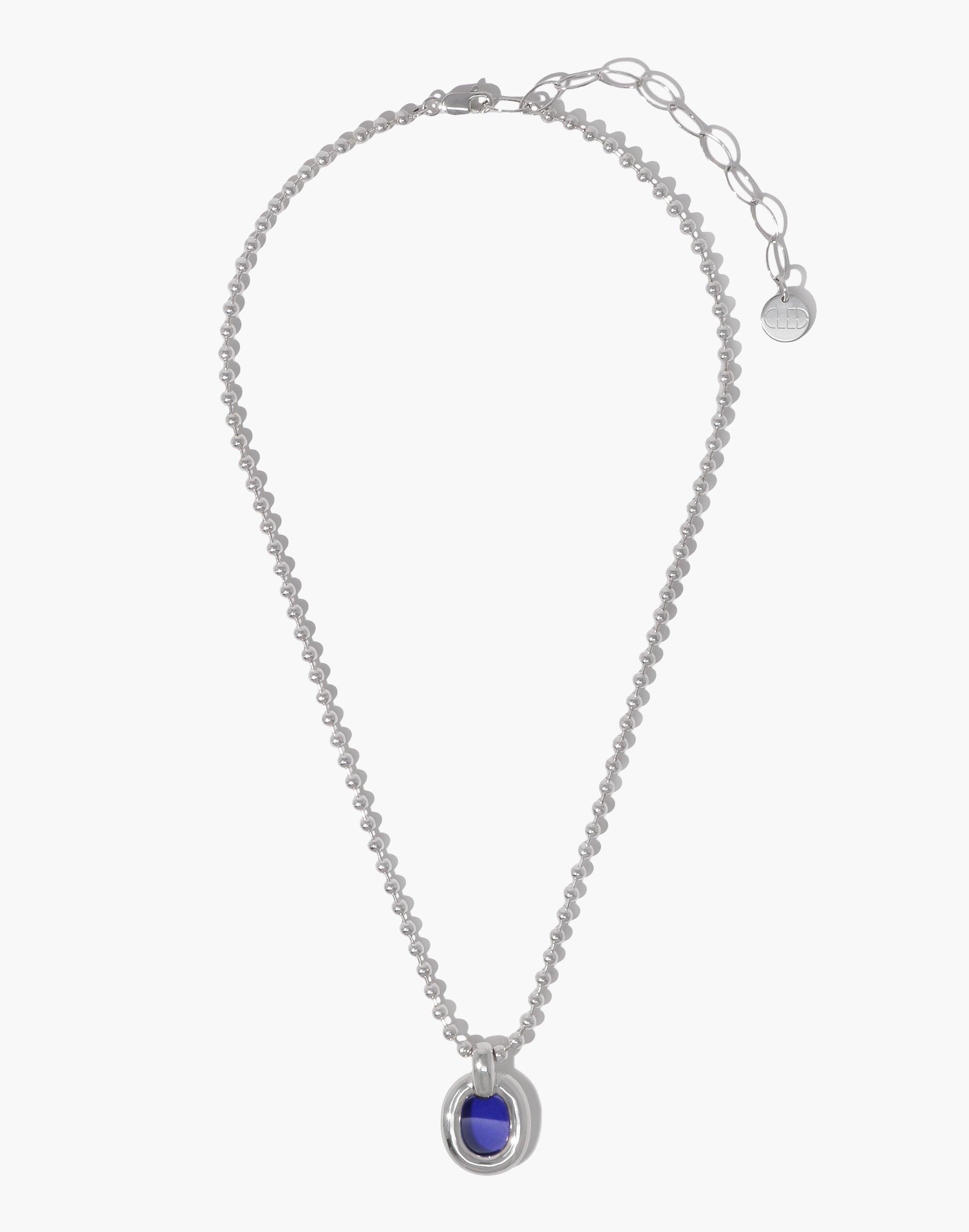 Elegant silver ball chain necklace with adjustable length and blue oval pendant. Sustainably crafted Core Loop Necklace symbolizing unity and upcycling. Perfect for everyday wear or special occasions. CLED Core Loop Necklace | Ball Chain