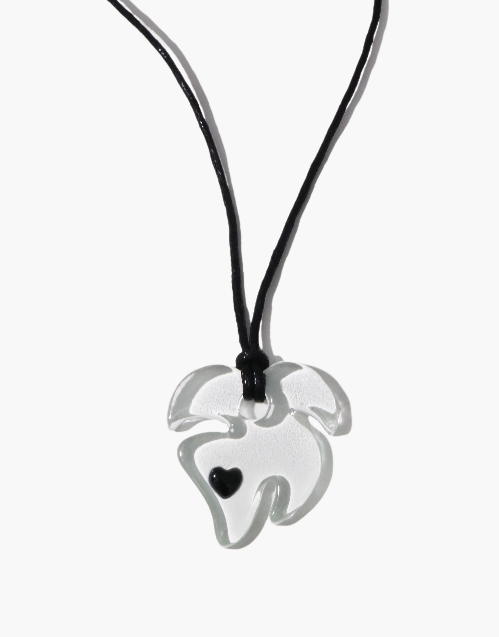 Leaf Sculpture Necklace with flowing glass pendant and heart detail on black cotton cord by CLED