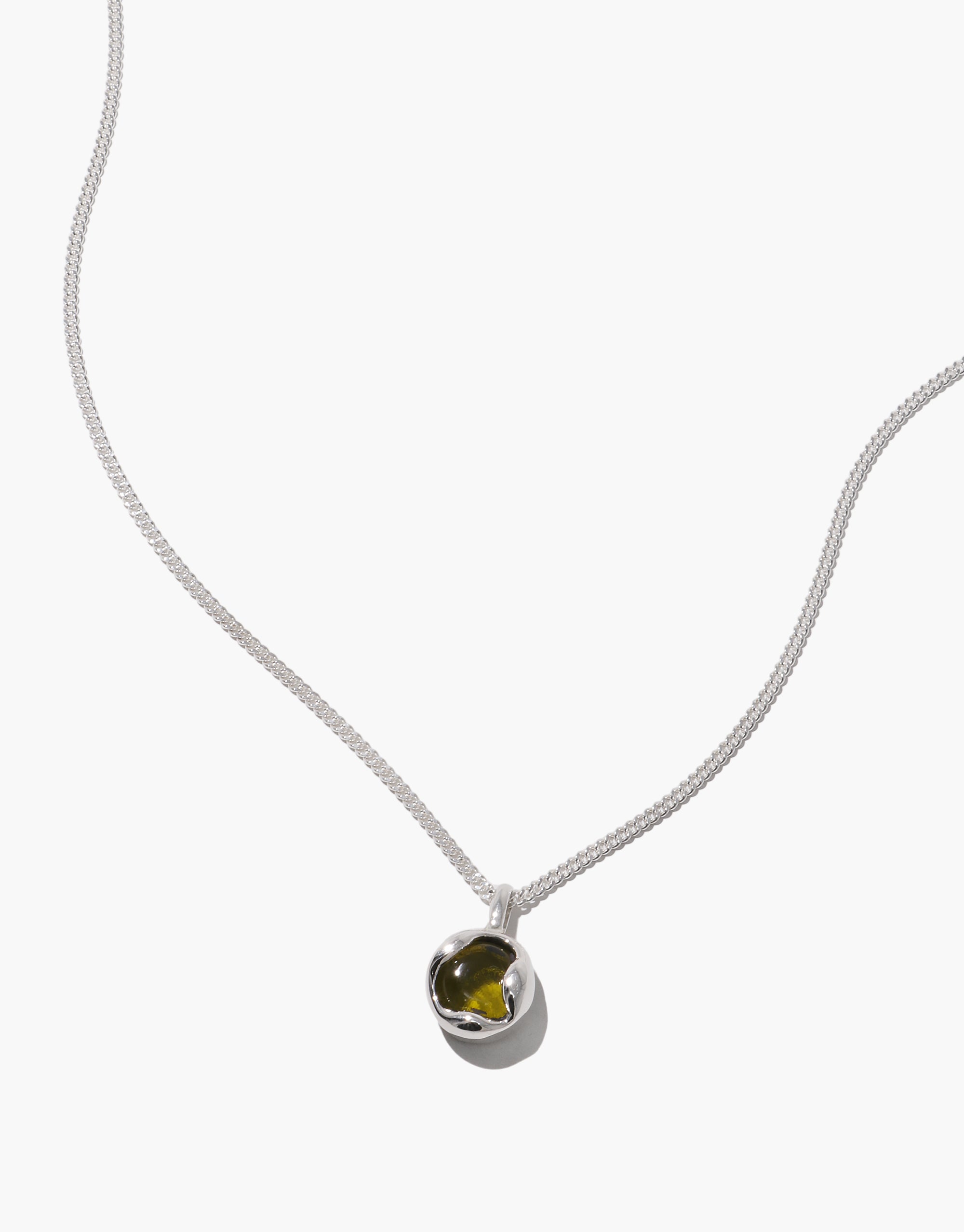 Minimalist Orb Necklace featuring silver-tone chain and spherical pendant with olive glass center from Goyo Serenity Collection - CLED