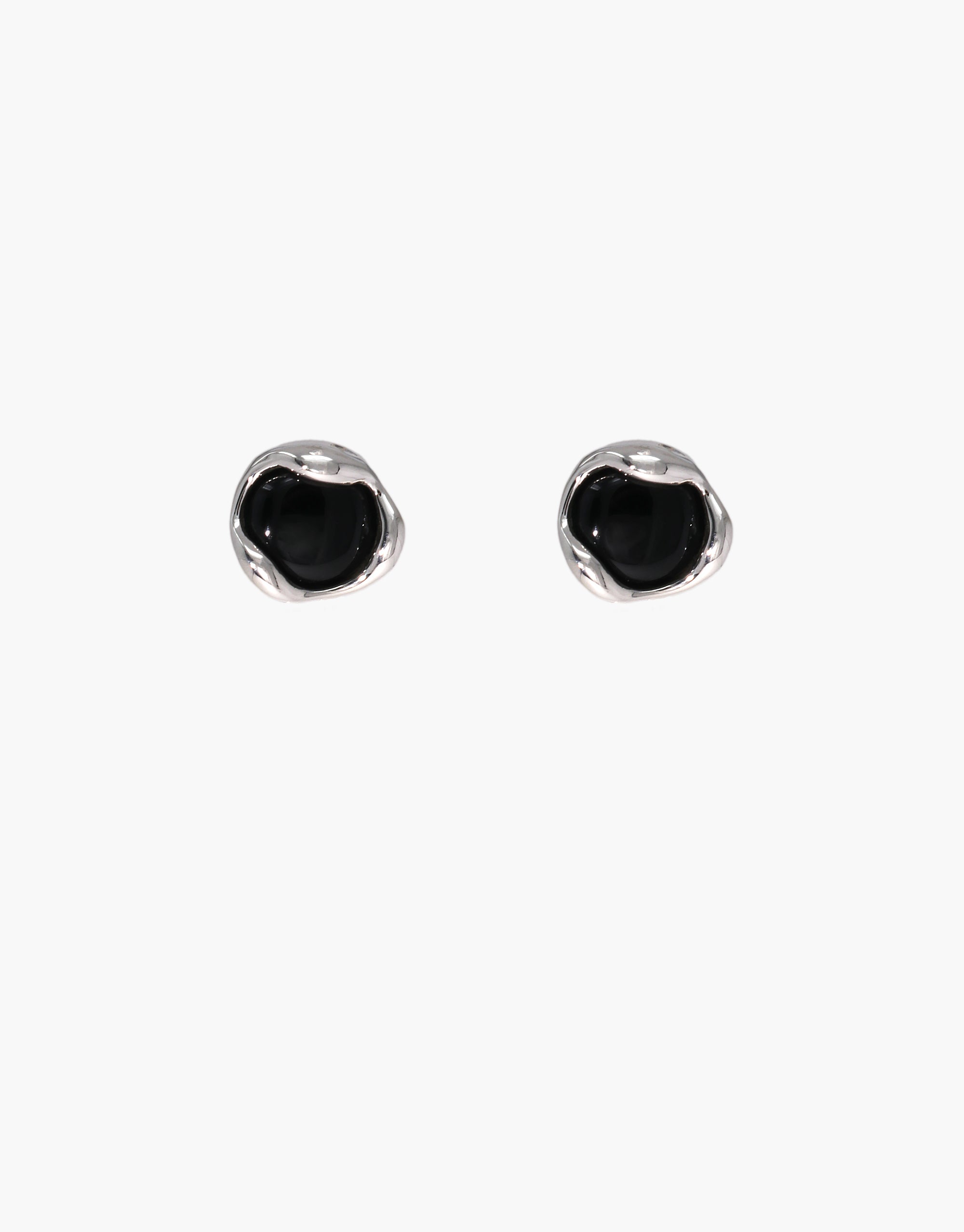 Handcrafted Orb Stud Earrings with black eco gems set in organic silver bezel settings against white background - CLED