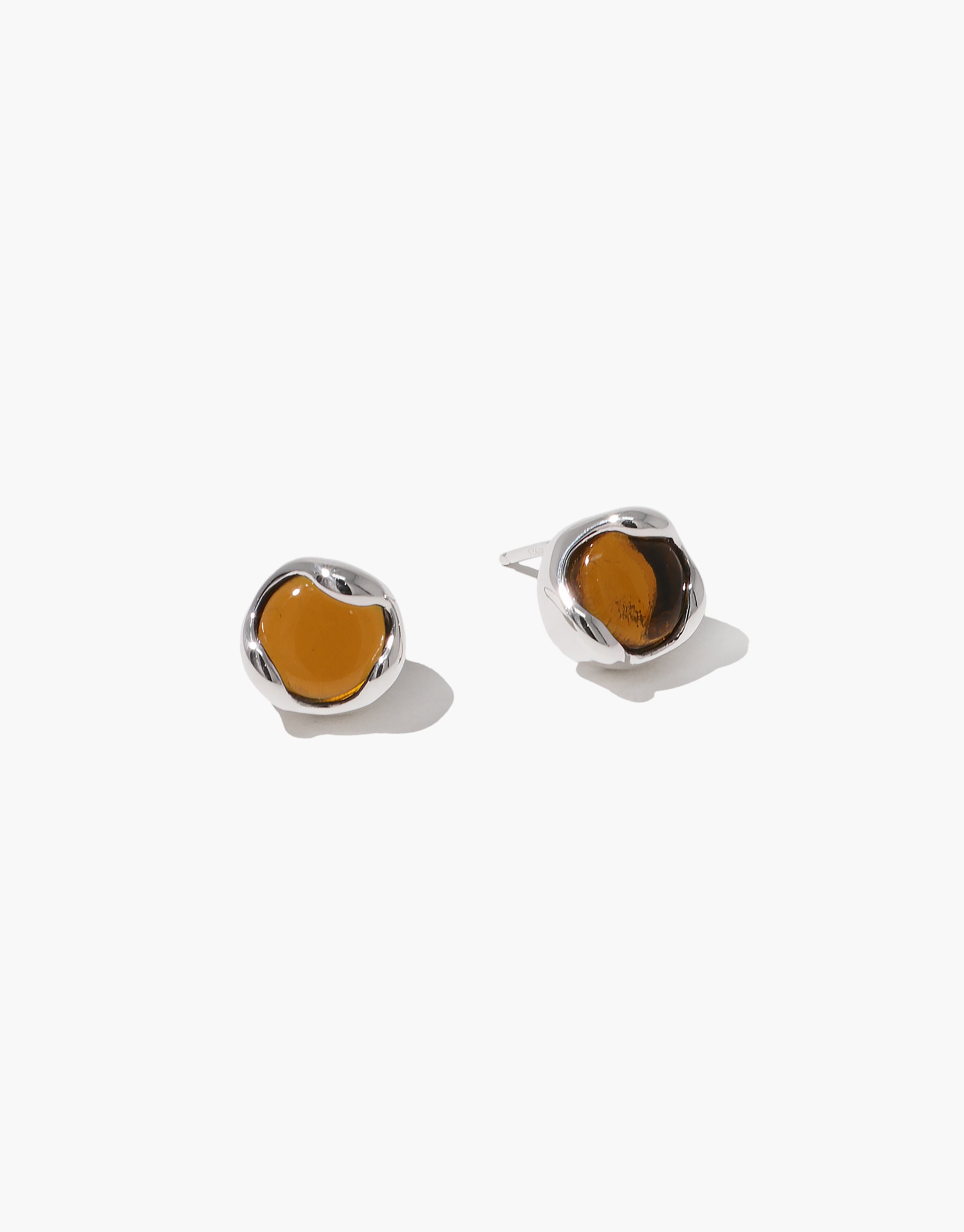 Minimal silver Orb Stud Earrings with amber eco-glass cabochons in organic bezel settings - handcrafted by CLED
