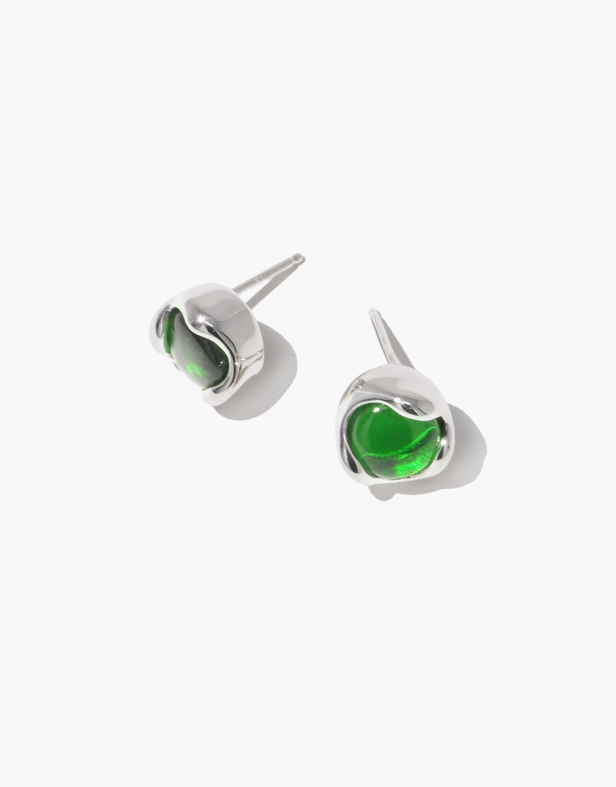 Minimalist silver Orb Stud Earrings with green eco-glass cabochons in curved bezel settings, handcrafted by CLED.