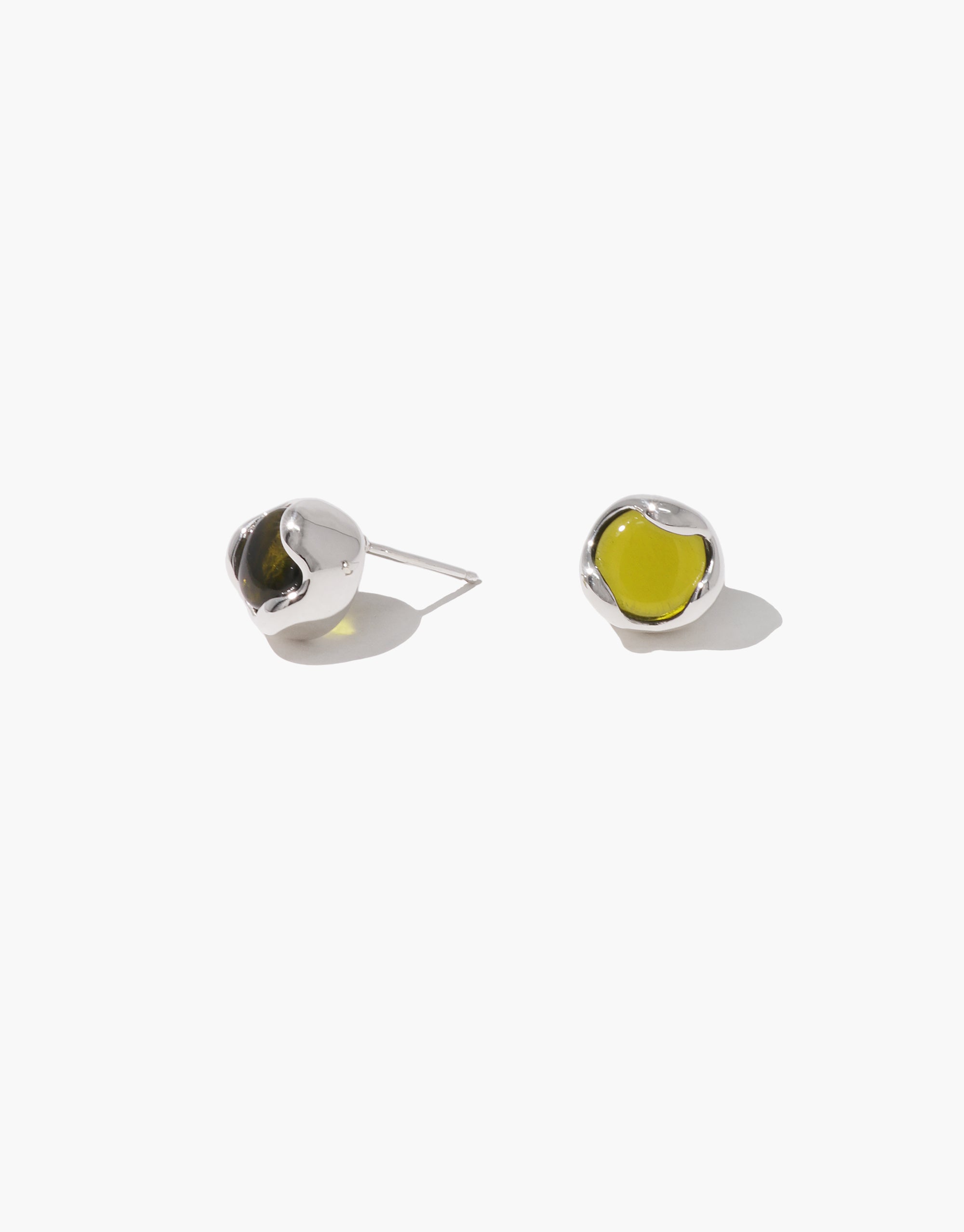 Minimalist silver Orb Stud Earrings with yellow eco-friendly cabochon stones in curved bezel settings by CLED