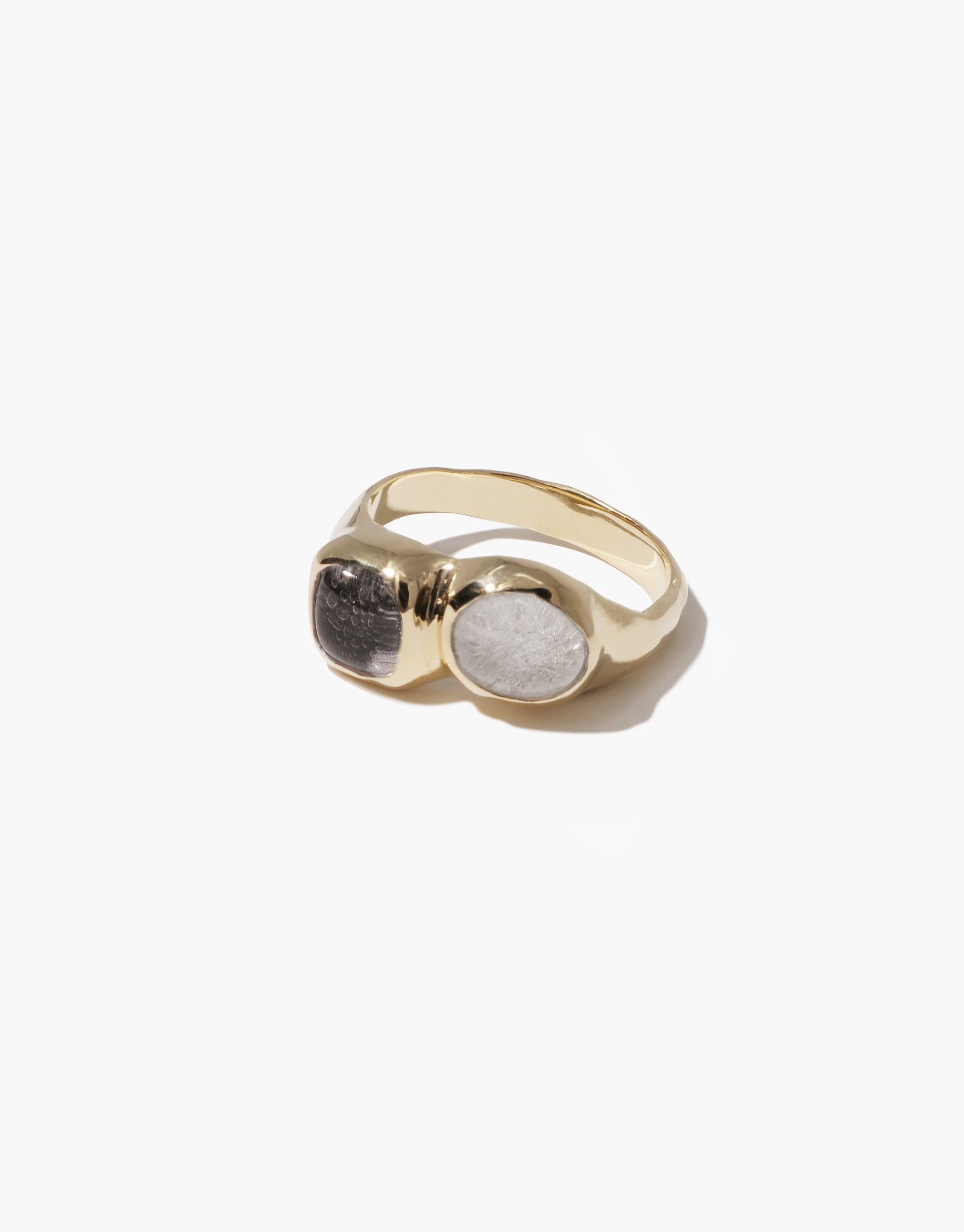 Duo Sculpture Ring featuring two contrasting eco-friendly glass stones set in a sleek gold-toned band, showcasing sustainable elegance and modern design. Handcrafted jewelry piece by CLED.