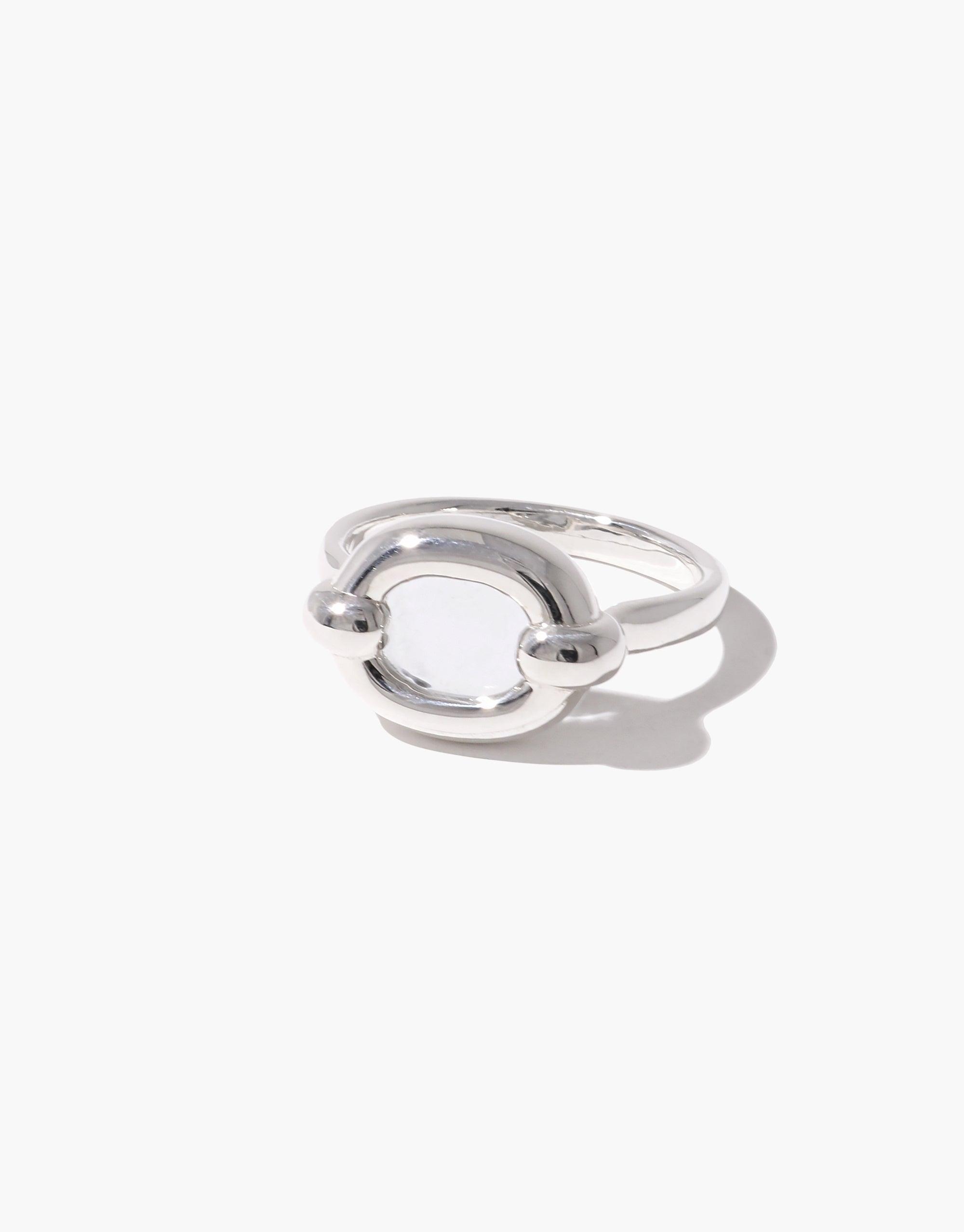 Elegant Core Loop Ring in Small size, featuring a sleek silver design with interconnected circular elements symbolizing unity and continuity. A sustainable, upcycled jewelry piece from the In The Loop collection by CLED. Core Loop Ring | Small