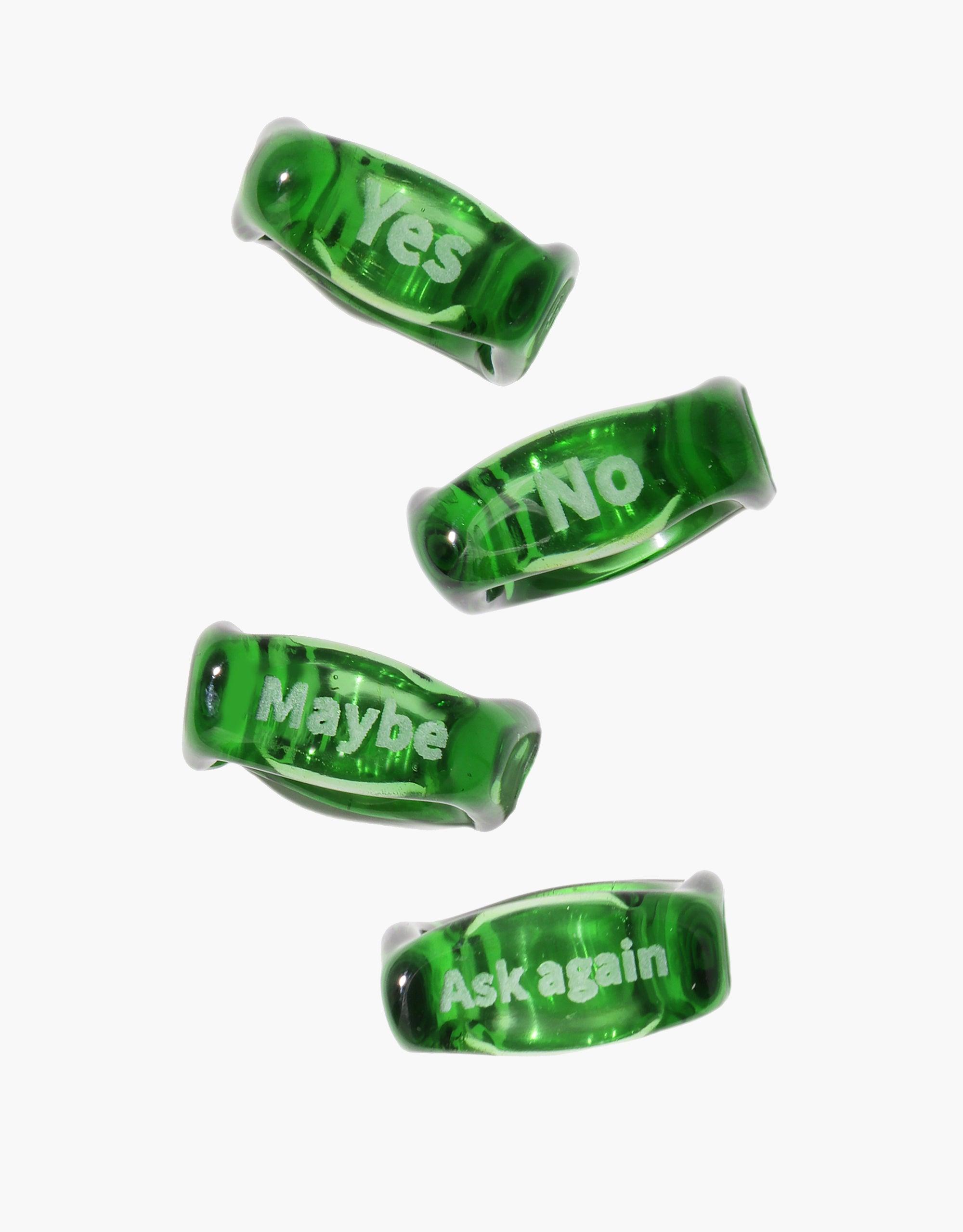 Four green glass beads with different decision-making words: Yes, No, Maybe, and Ask again. Unique Dice Ring | Yes or No accessory for fun decision-making. CLED