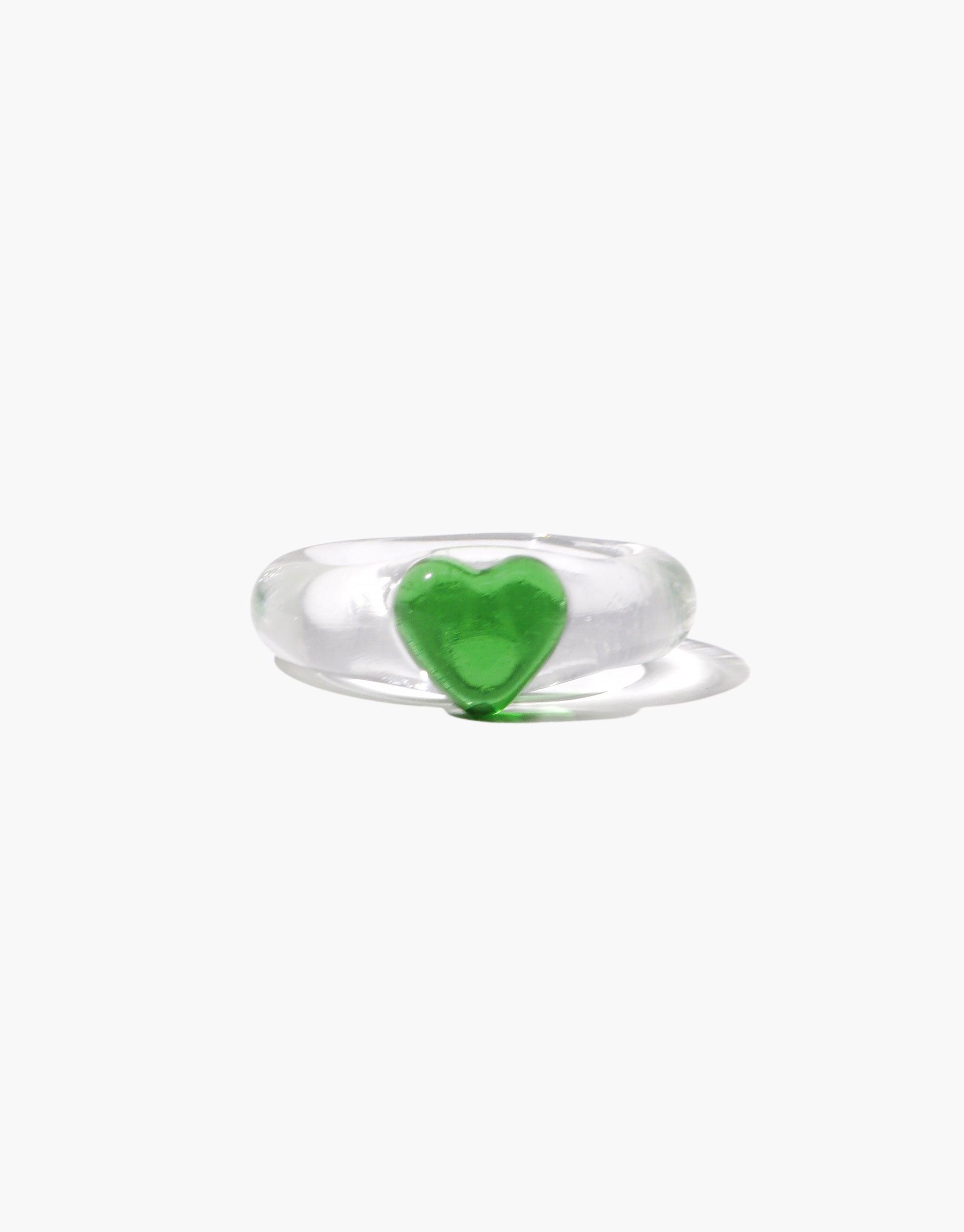 Elegant transparent ring featuring a small, vibrant green heart-shaped icon set against a clear band. Stylish and minimalist design perfect for everyday wear. Heart Icon Ring | Small by CLED