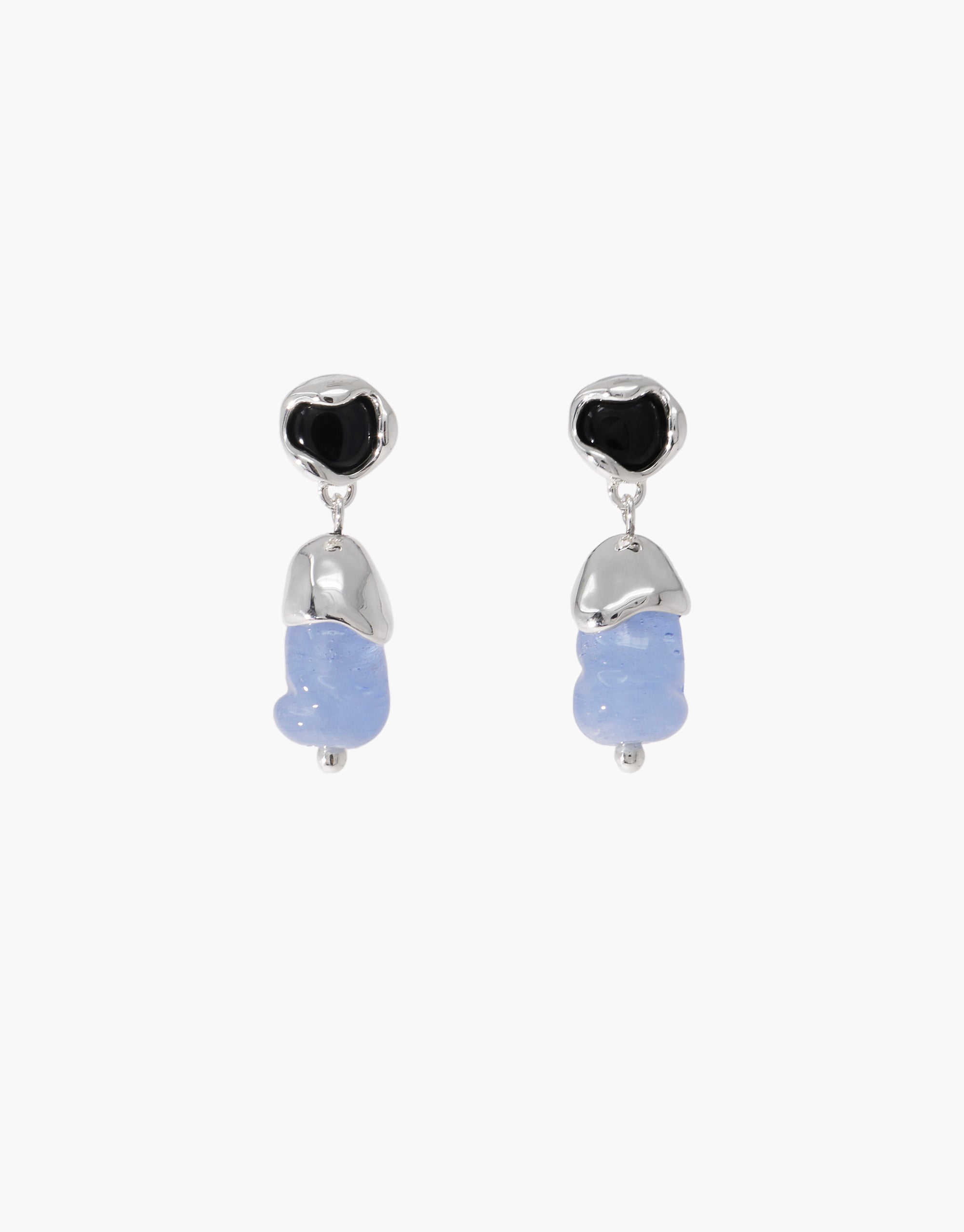Solace Drop Earrings with black heart studs and pale blue glass drops, featuring silver metal accents - CLED