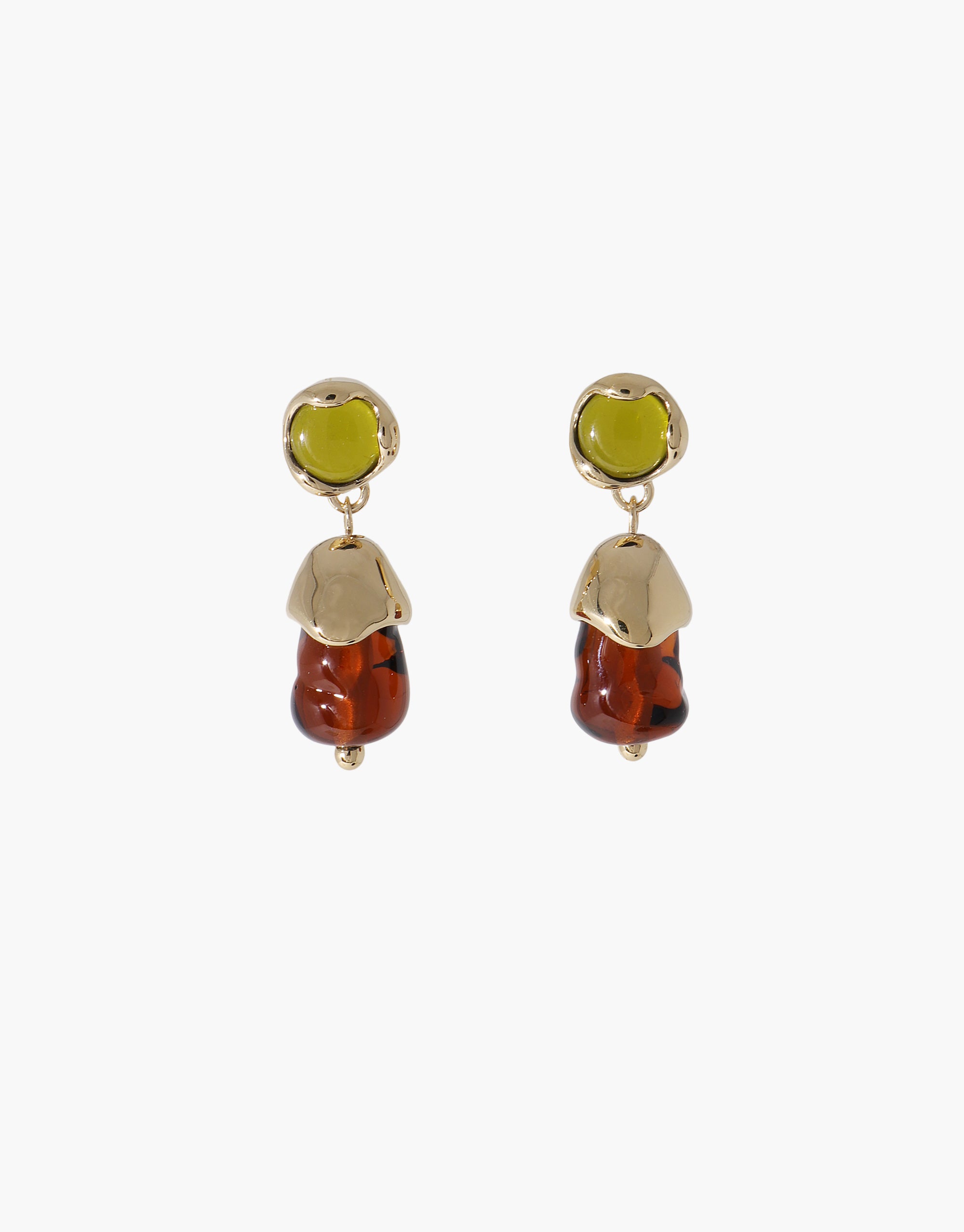 Solace Drop Earrings with chartreuse studs and amber glass drops in organic shapes, handcrafted modern design by CLED