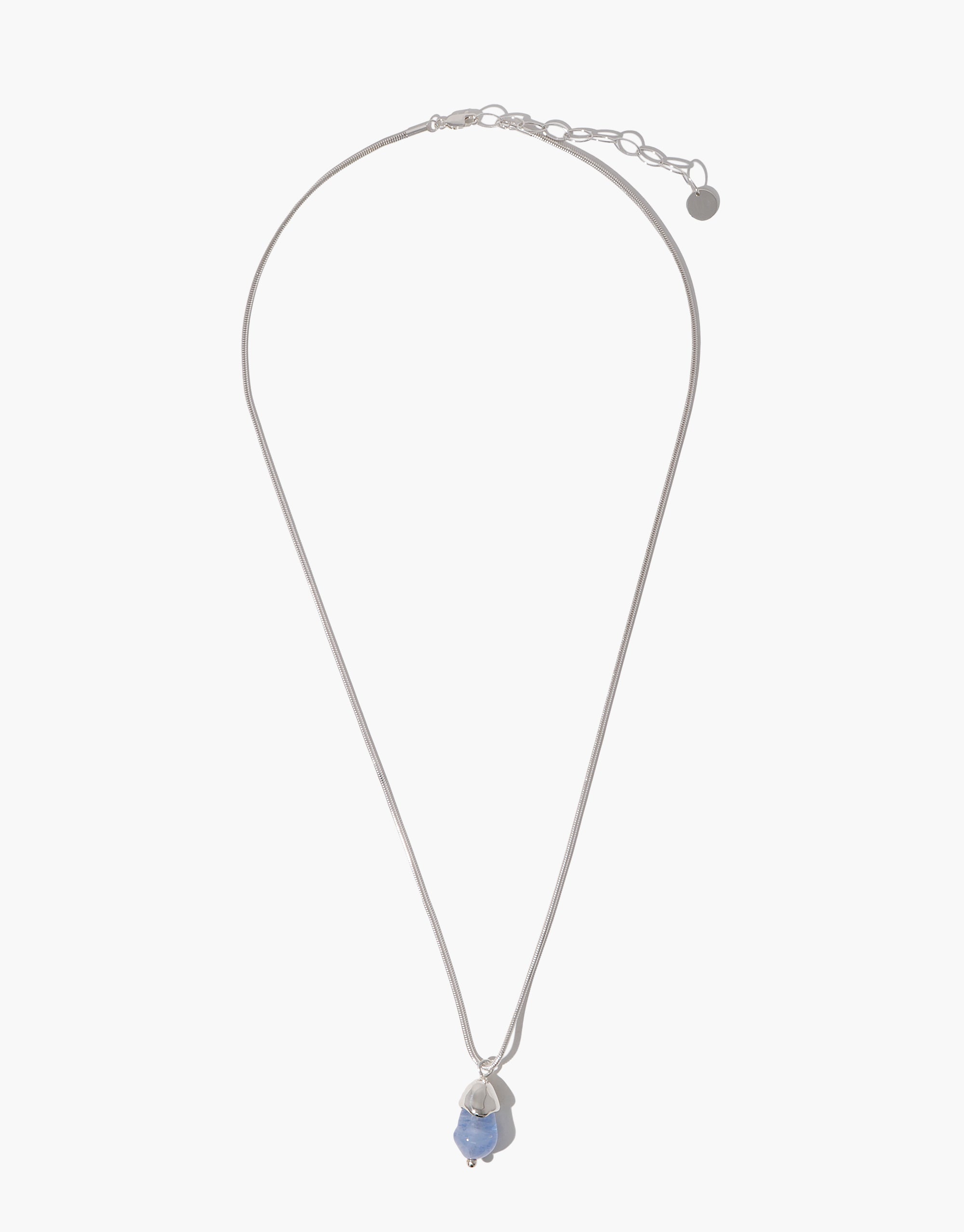 Solace Drop Necklace featuring delicate silver snake chain with blue glass pendant and adjustable clasp - CLED