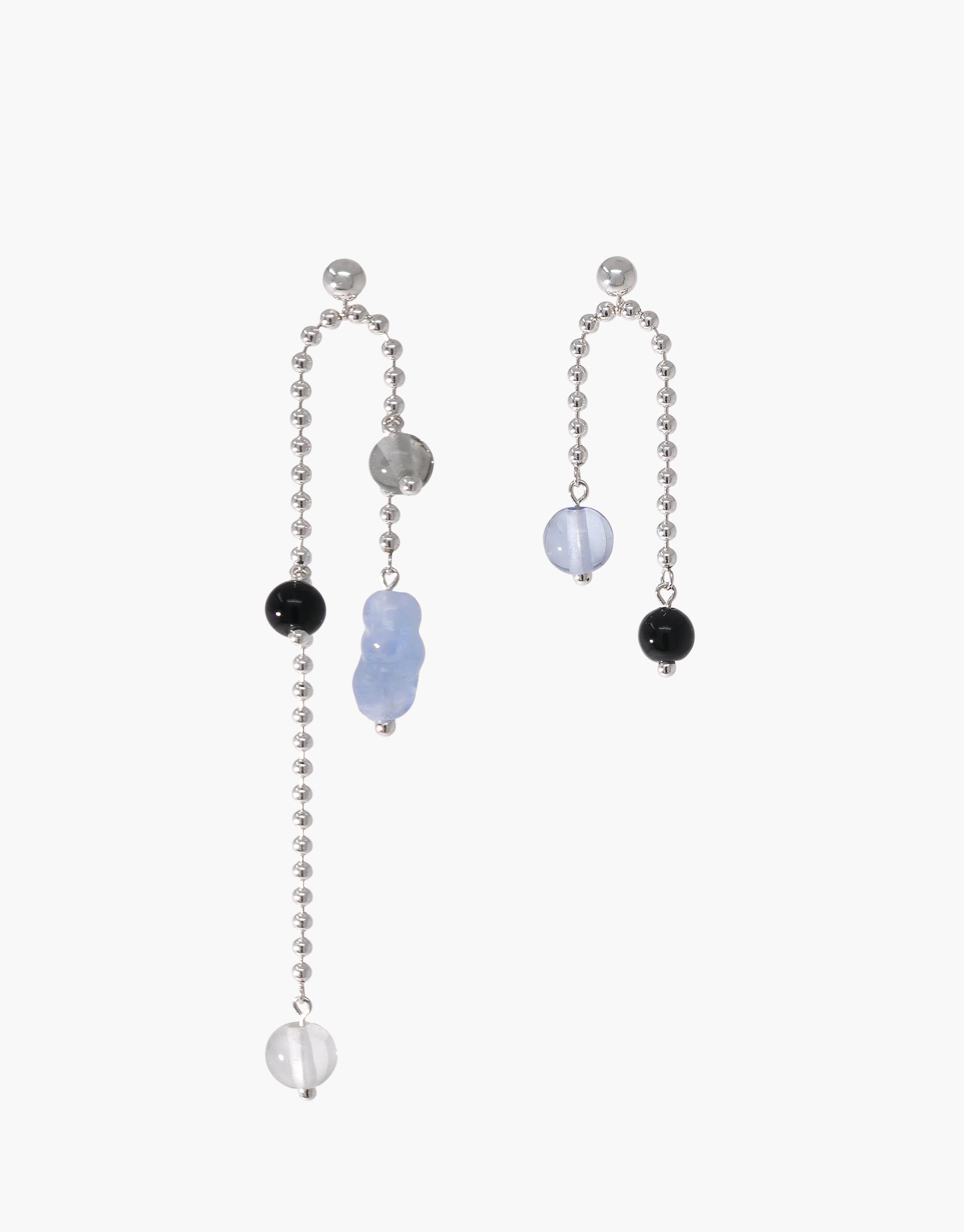 Asymmetrical Still Earrings with silver chain and blue glass beads, featuring elegant drop design - CLED