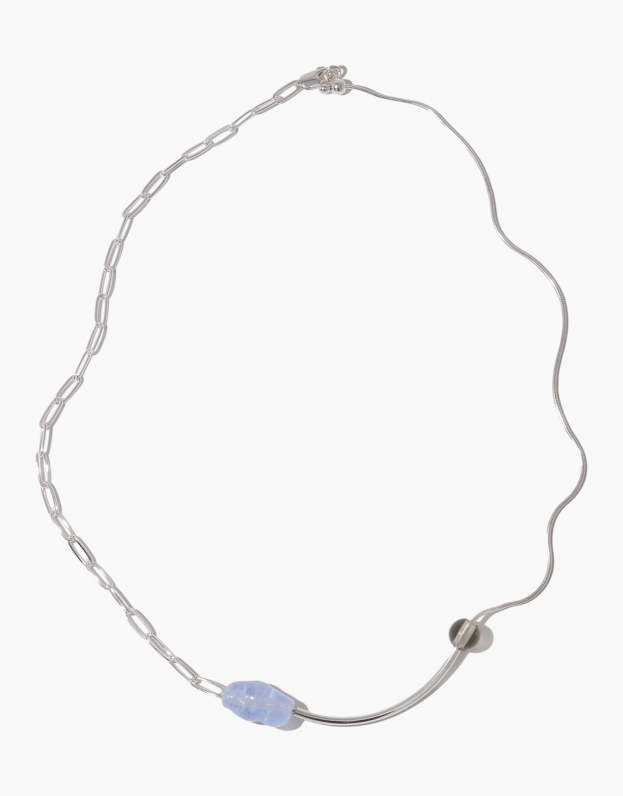 Still Necklace with asymmetric silver chain and blue glass bead accent, featuring curved elements by CLED