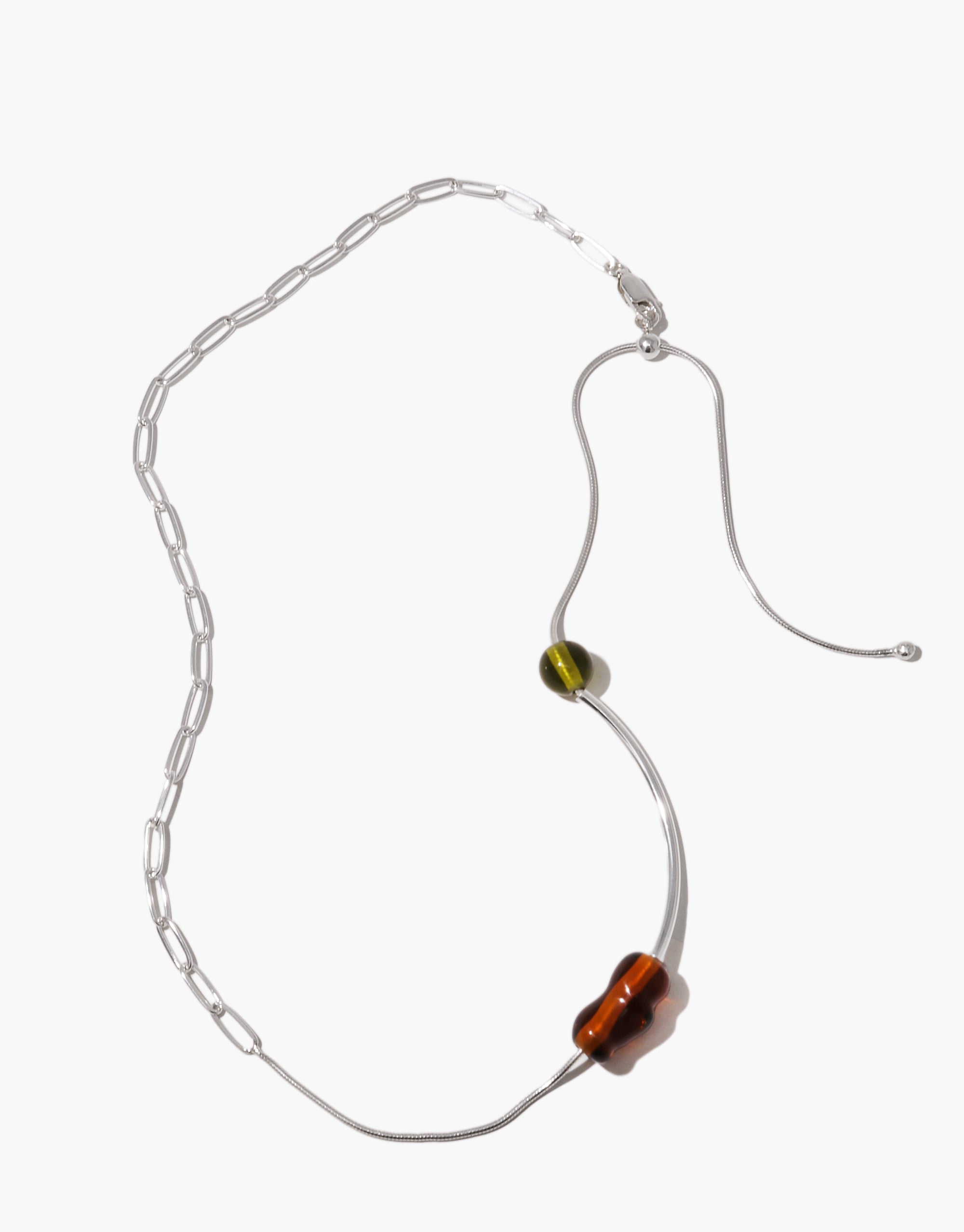Still Necklace with curved silver wire, amber and olive glass beads on delicate chain link, asymmetrical modern design by CLED