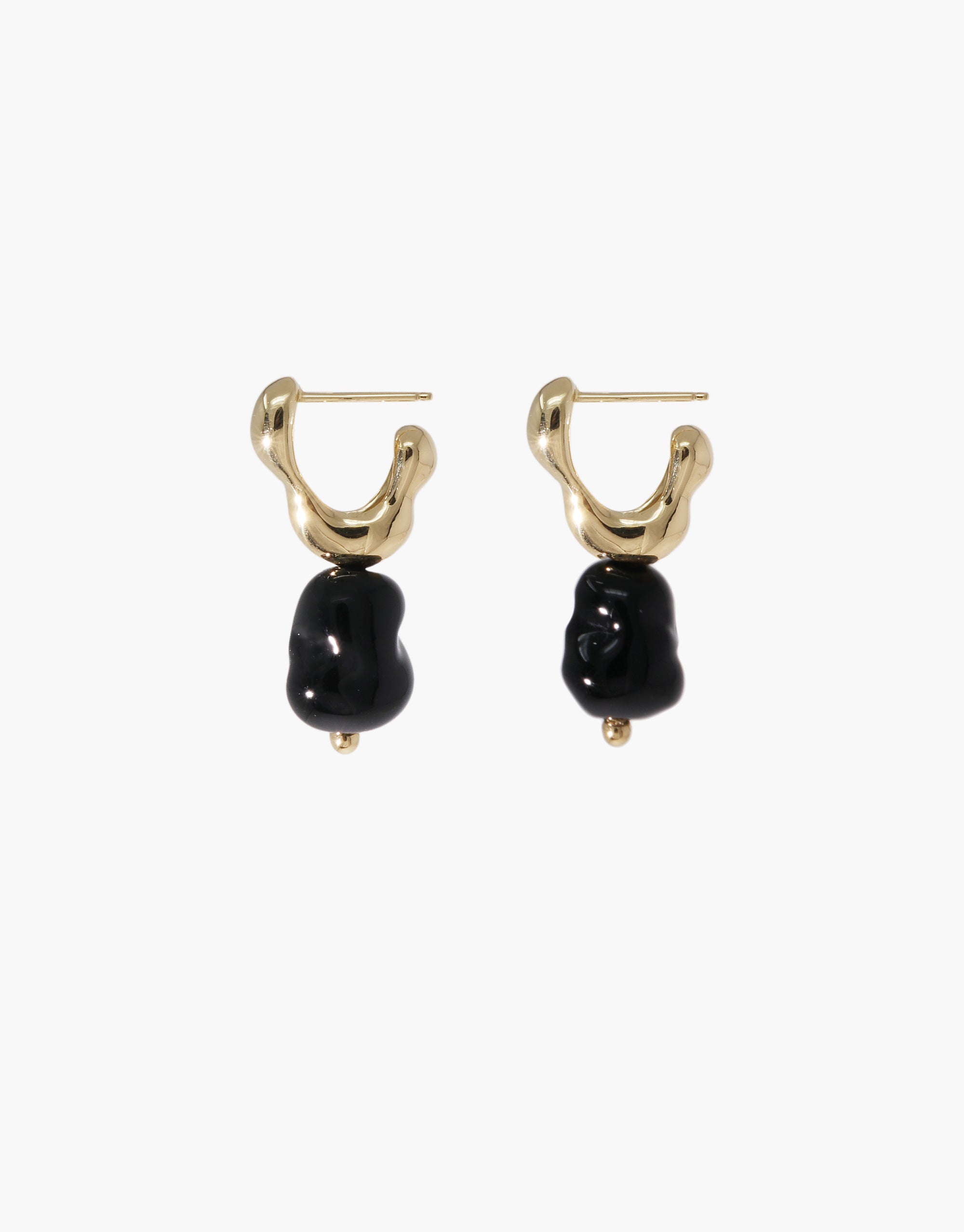 Flow Drop Hoop Earrings featuring curved gold hoops with organic black glass drops, sculptural and minimal design by CLED