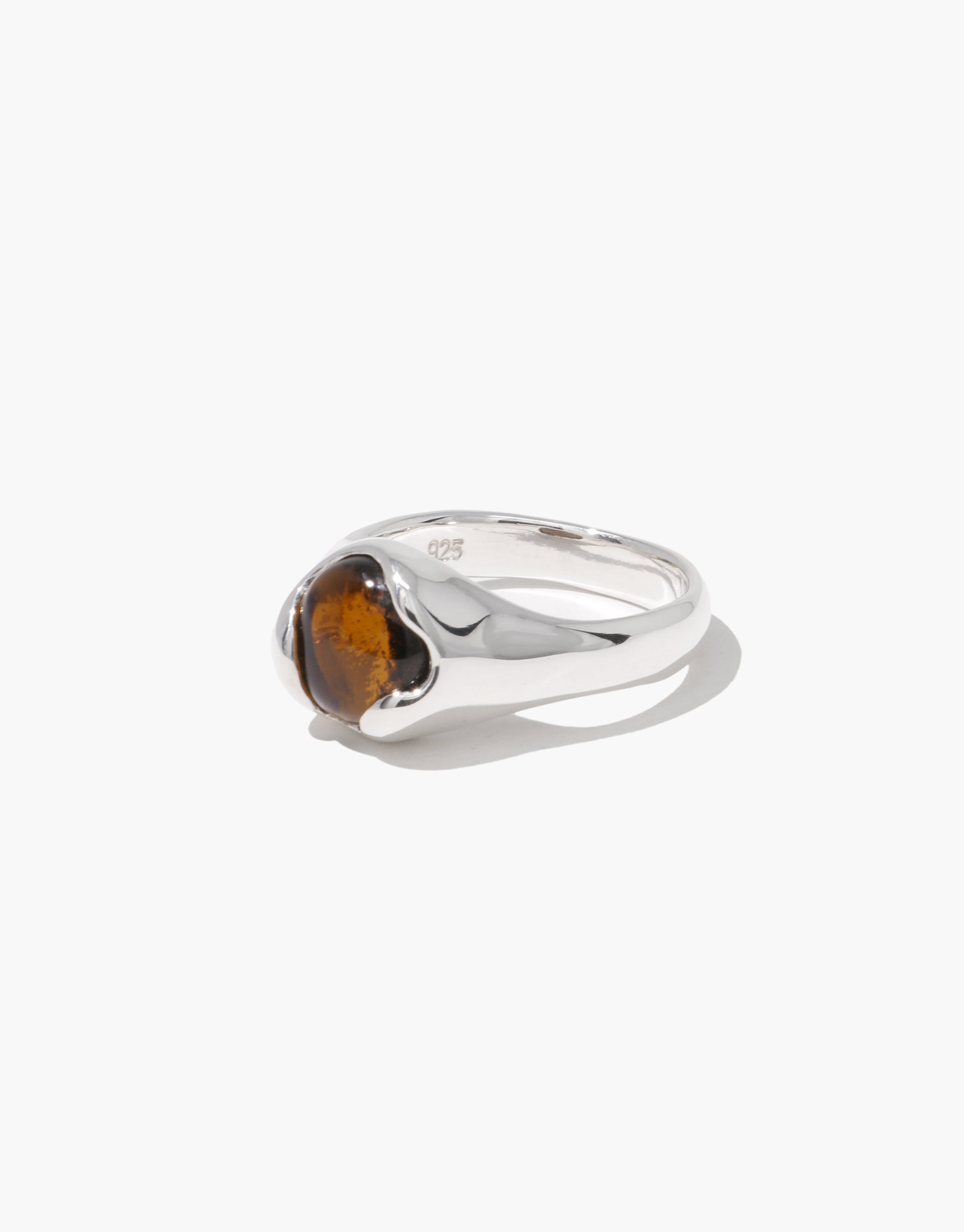 Orb Ring featuring amber eco gem set in flowing sterling silver band with curved details by CLED