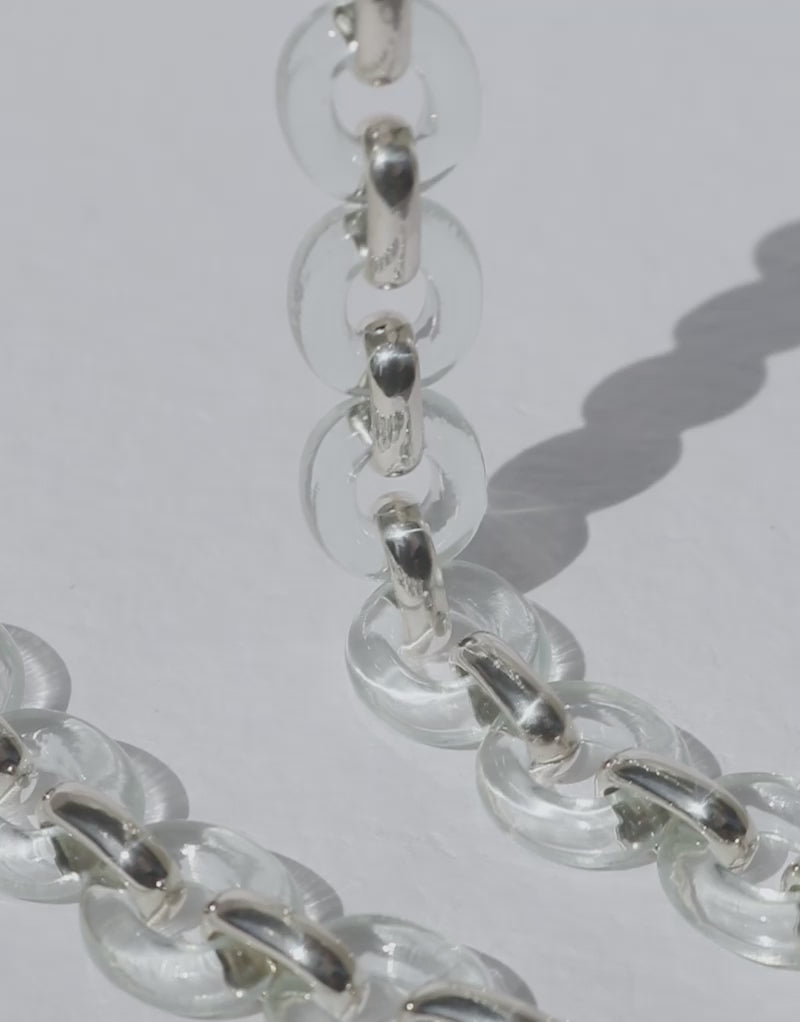 A video showing the movement of the elegant Connected Loop Necklace in clear glass, highlighting its interlocking circular links.