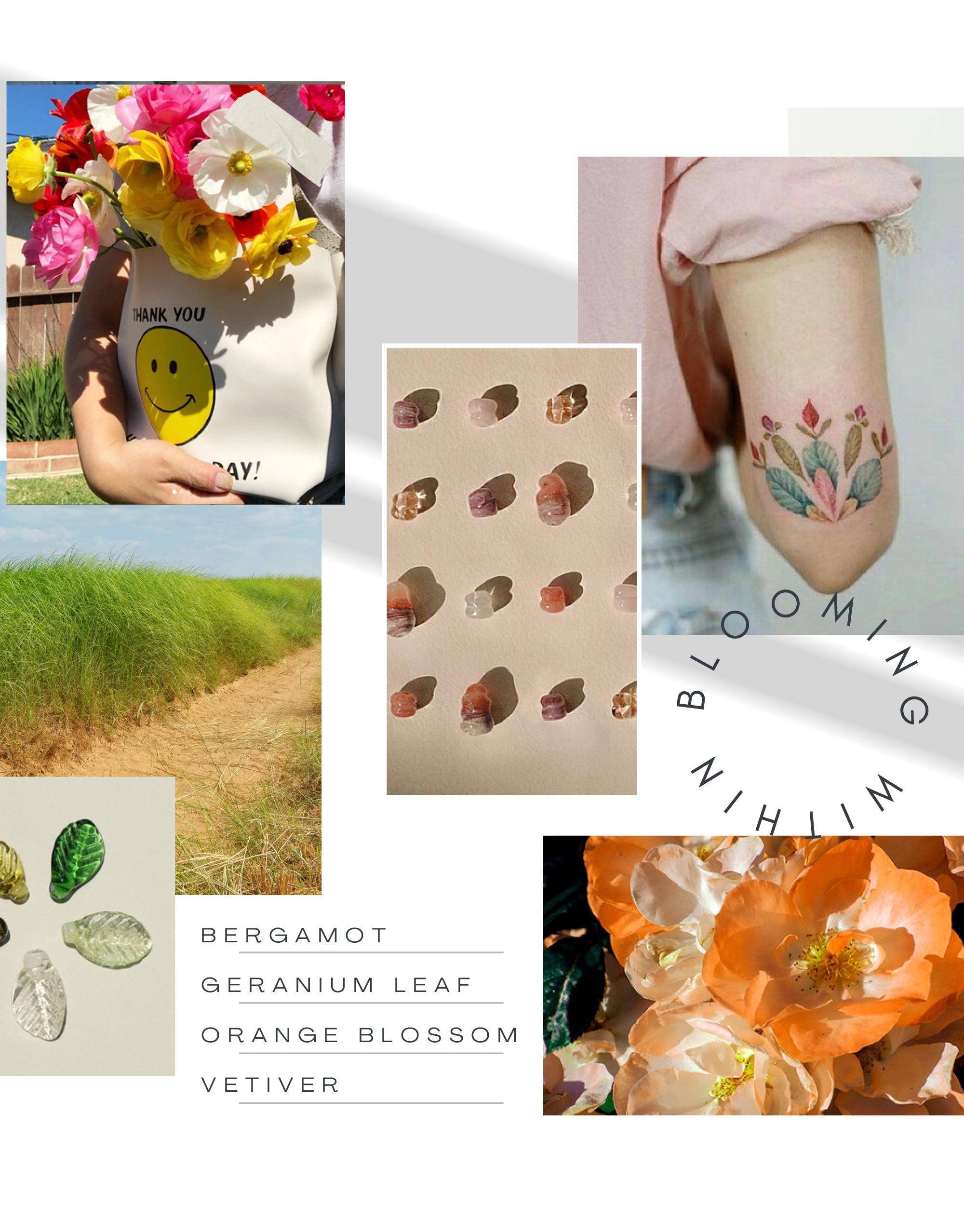 Mood board featuring floral images, nature scenes, and scent ingredients for LAIT X SHIPPE X CLED Vessel & Candle. Showcases colorful flowers, bergamot, geranium leaf, and orange blossom, capturing the essence of the product's fragrances. CLED