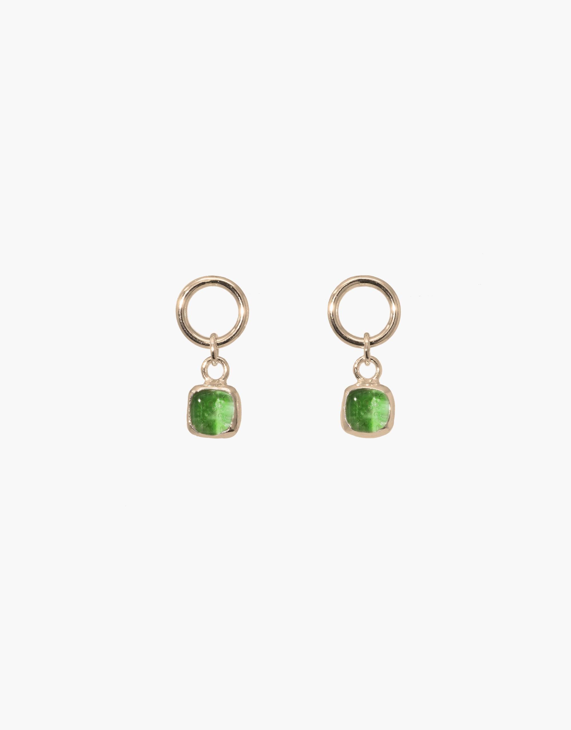 Square Dangling Earrings featuring green upcycled Eco Gems, set in sterling silver hoops, handcrafted from discarded glass, embodying CLED's eco-conscious design philosophy. Sold as a pair, each piece is unique.