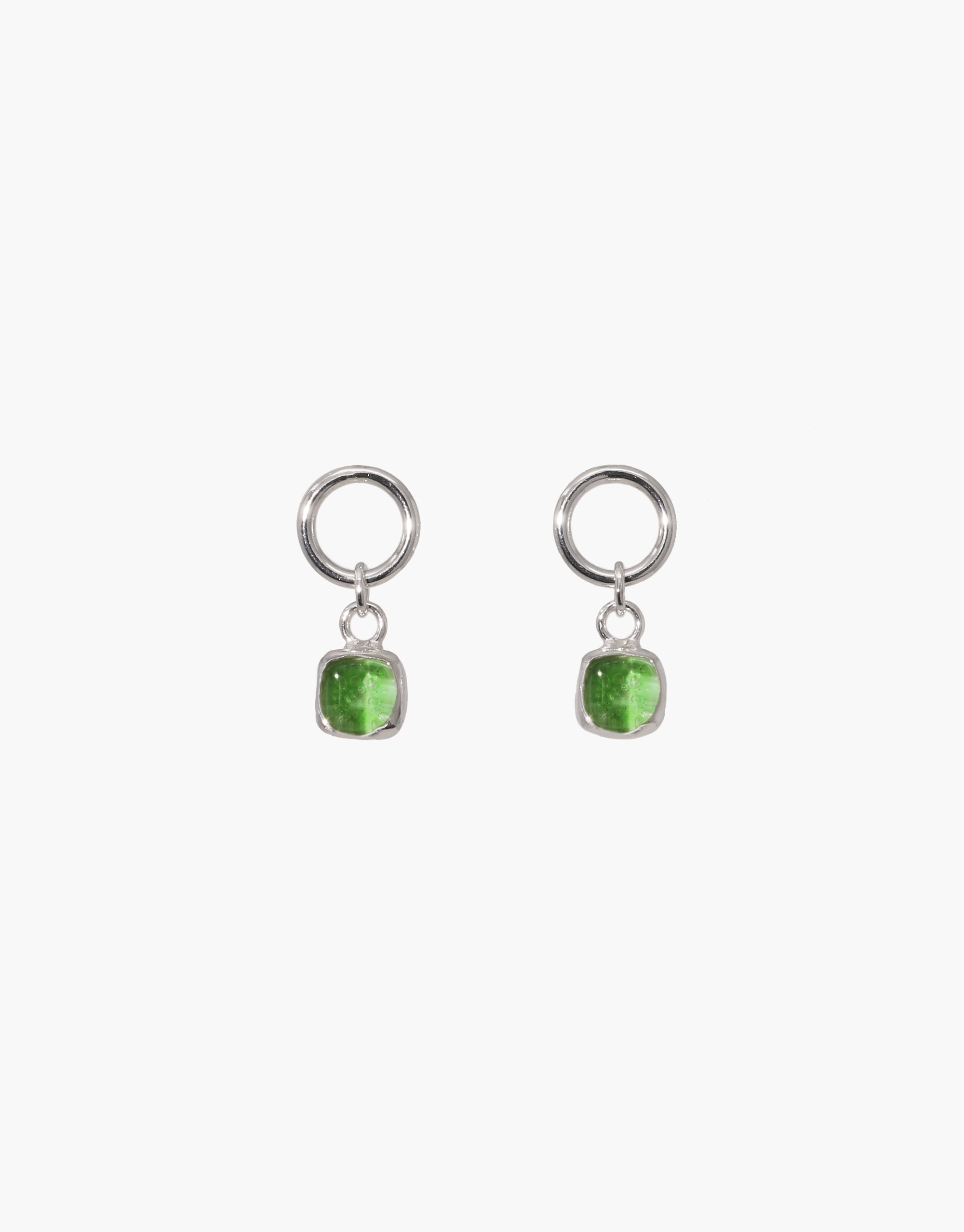 Square Dangling Earrings featuring green Eco Gems from repurposed glass, set in sterling silver hoops. Handmade in Los Angeles, these eco-conscious earrings showcase the charm of upcycled materials.