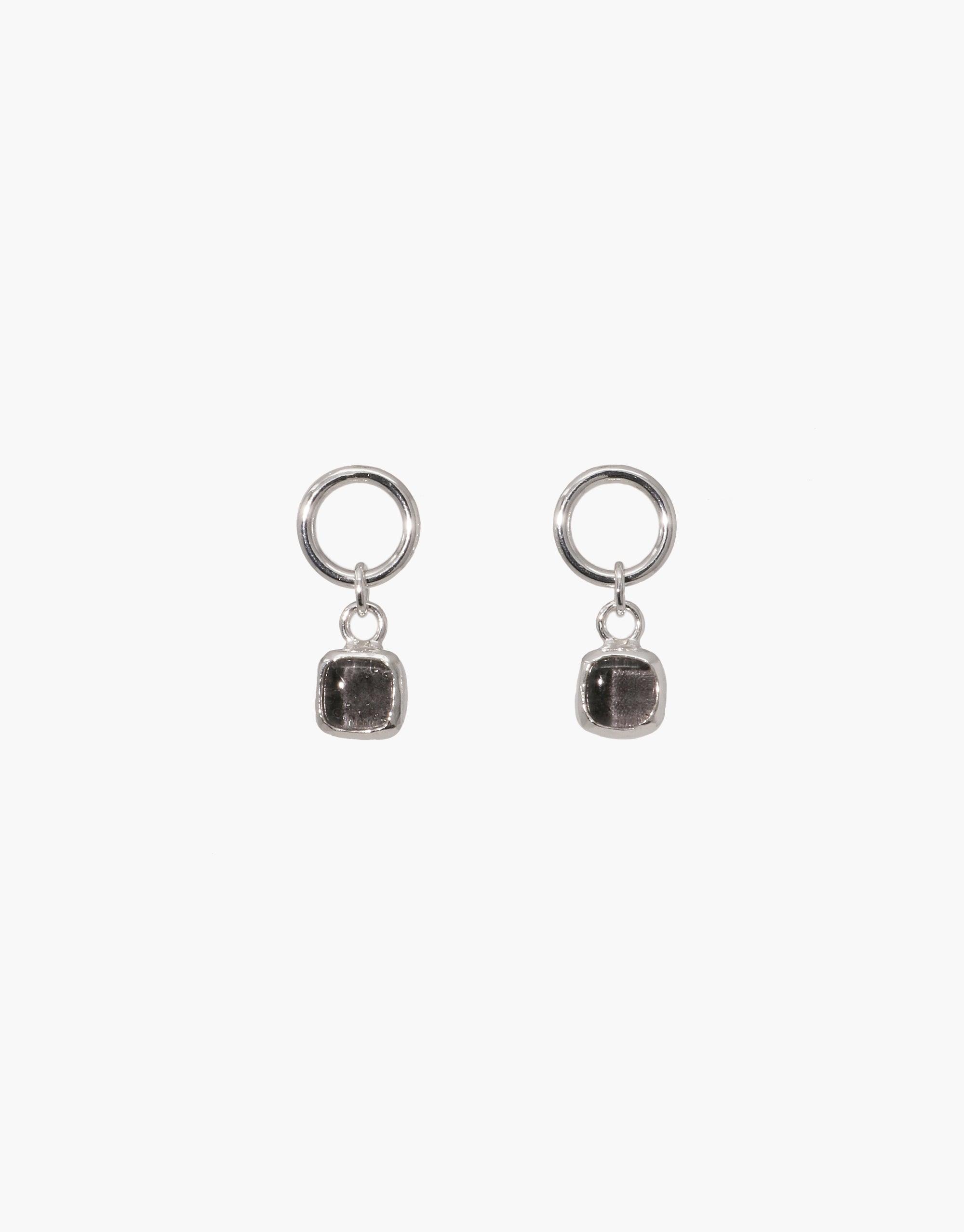 Square Dangling Earrings featuring upcycled Eco Gems from discarded glass, set in sterling silver or gold vermeil, with a hoop diameter of 0.5 inches. Handmade in Los Angeles.