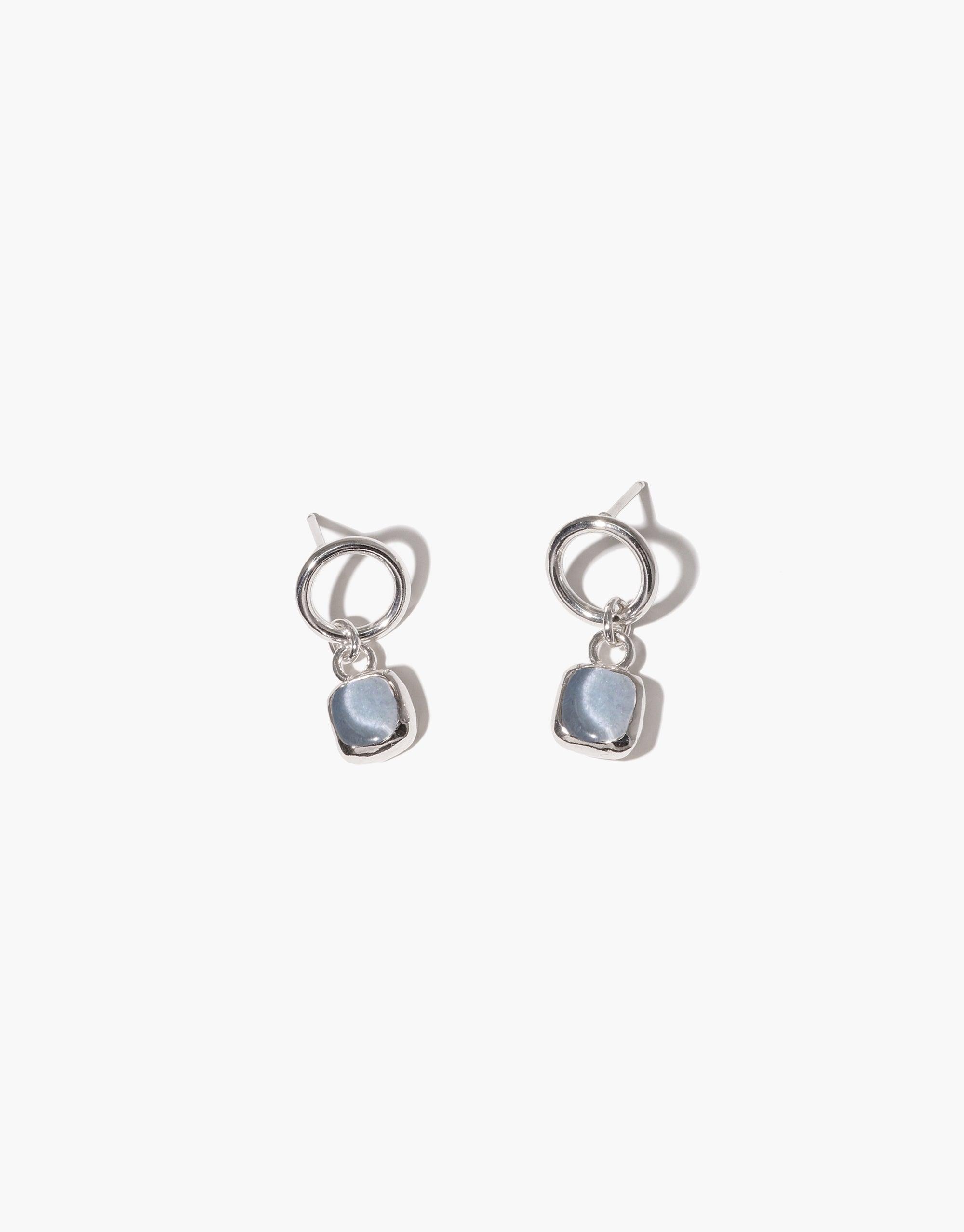 Square Dangling Earrings crafted from sterling silver, featuring charm shapes inspired by nature and made with upcycled Eco Gems. Handmade in Los Angeles by CLED, highlighting sustainable jewelry practices.