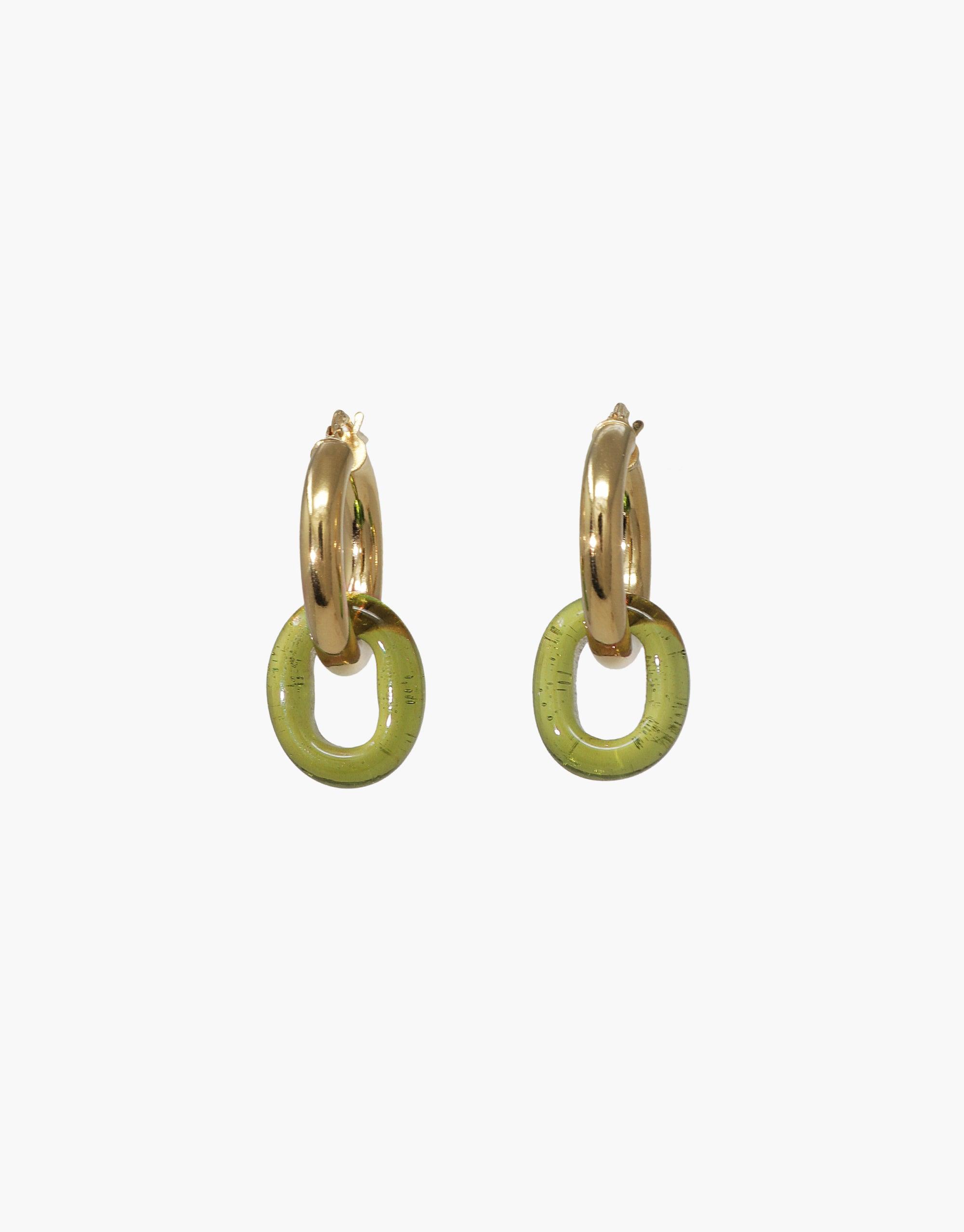 Gold hoop earrings with light green eco gem loops, showcasing In The Loop Hoops | Large design. Handcrafted lightweight hollow tubing with repurposed glass bottle accents. Sustainable jewelry by CLED.