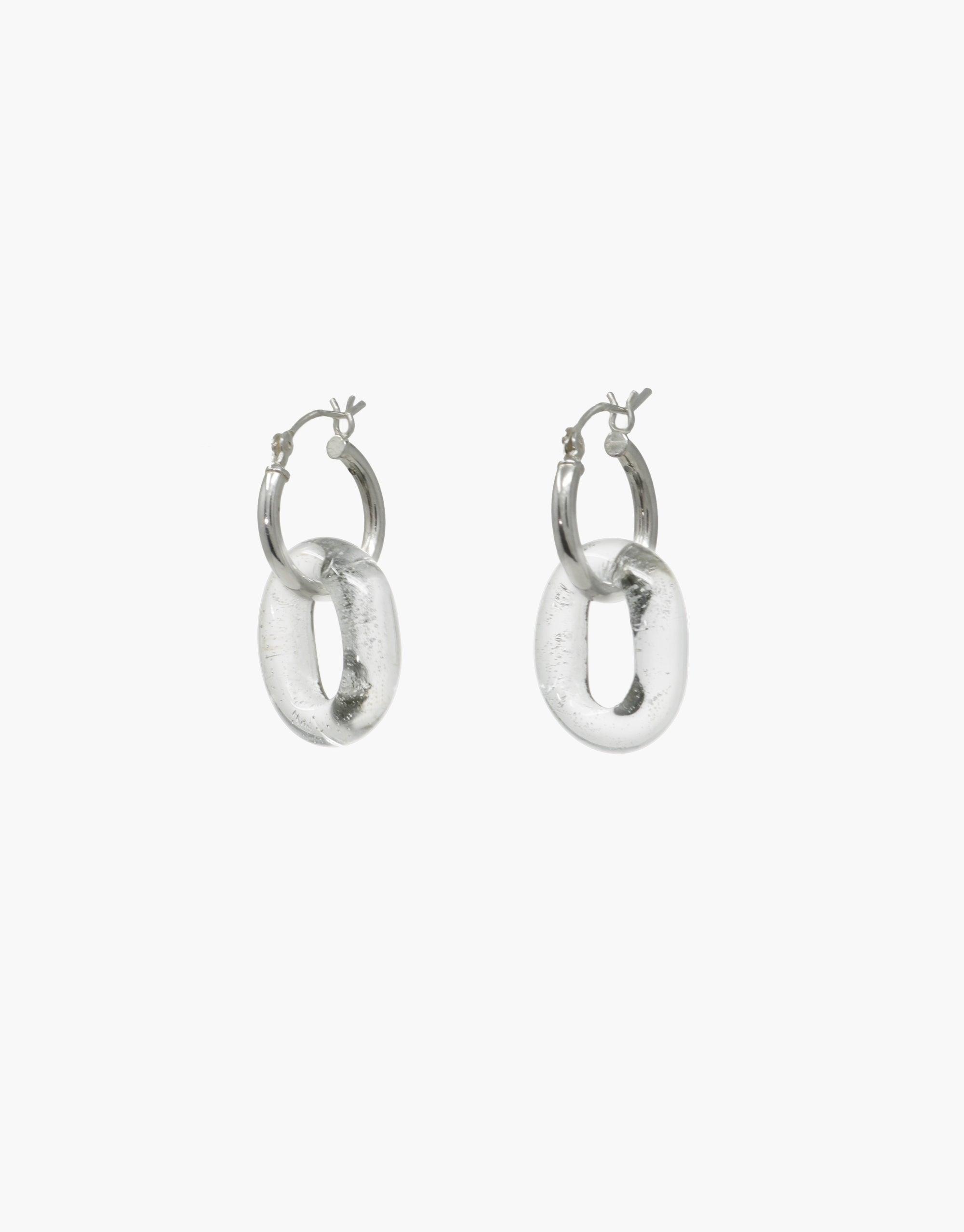 Sterling silver small hoop earrings with attached eco gem loops made from repurposed glass bottles. Minimalist design showcasing sustainable jewelry craftsmanship. In The Loop Hoops | Small by CLED