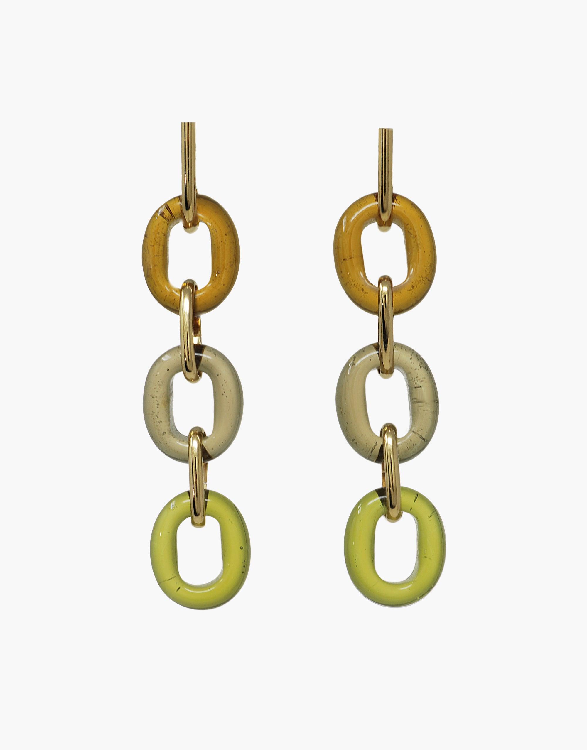Elegant ITL Trio Earrings in Earth tones featuring three linked oval loops in gradual shades of amber, beige, and olive green. Handcrafted from eco-friendly recycled glass, these statement earrings showcase sustainable luxury and unique design. CLED, ITL Trio Earrings | Earth
