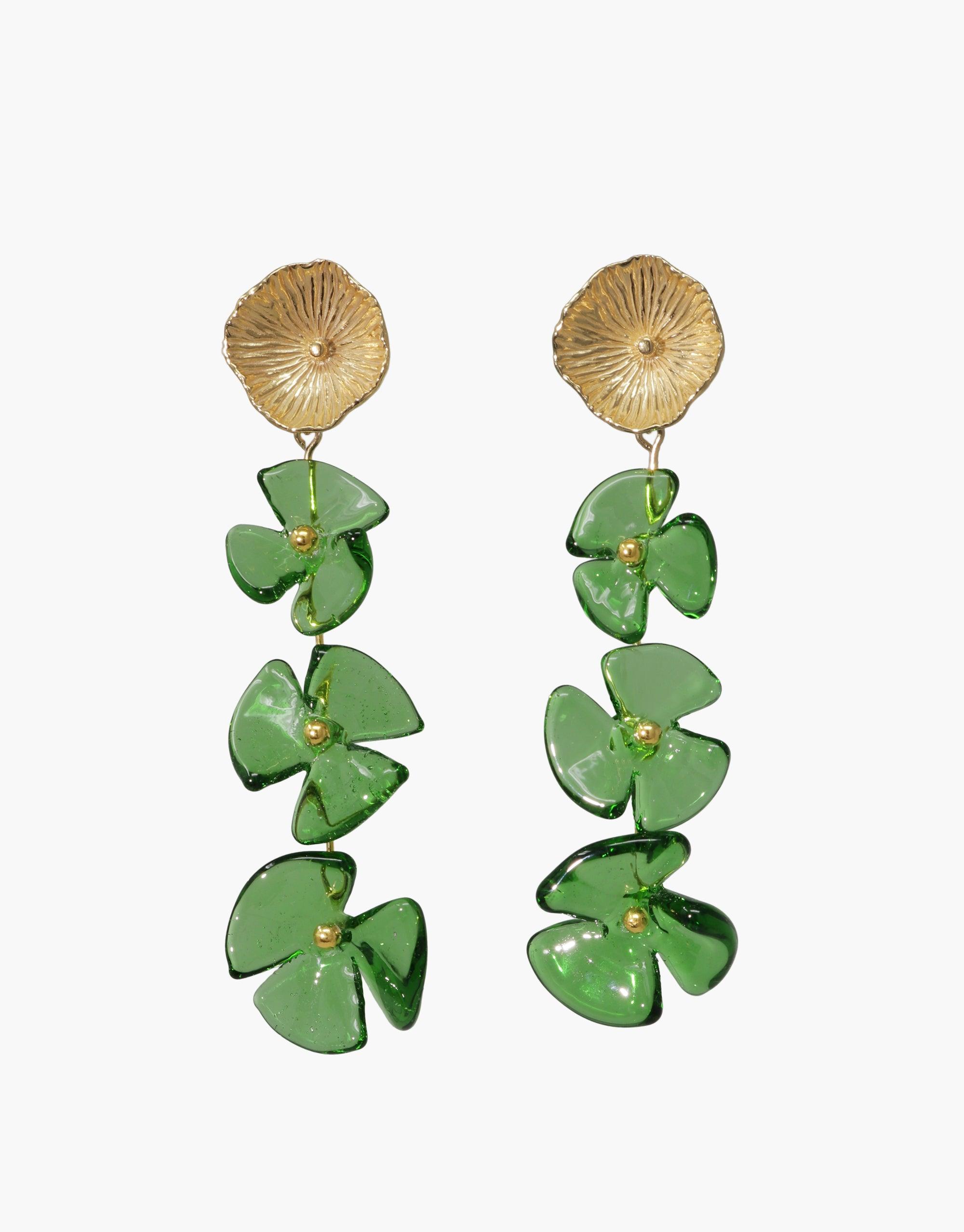 Periwinkle Trio Earrings featuring gold flower studs with cascading green glass petal drops, handcrafted from eco-friendly repurposed glass bottles. Elegant and sustainable statement piece for nature-inspired style. CLED