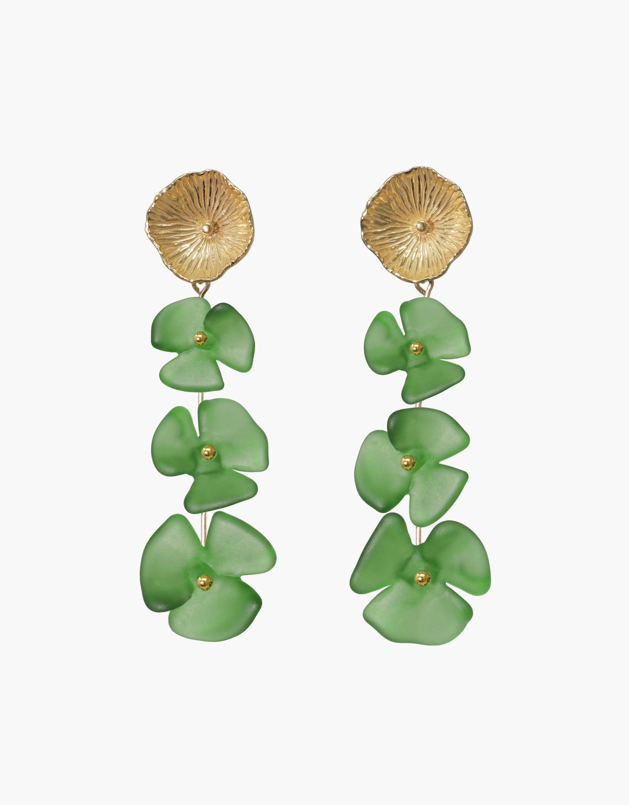 Periwinkle Trio Earrings featuring golden textured studs with cascading green glass flower drops. Handcrafted eco-friendly jewelry made from repurposed glass bottles. Elegant and sustainable design for nature-inspired style. CLED