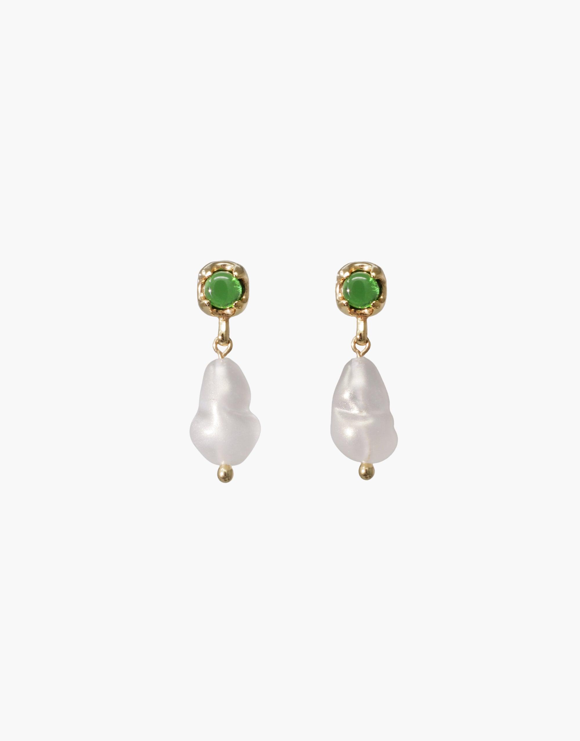 Elegant Beam Pearl Earrings featuring green eco gem studs and dangling baroque pearls. Handcrafted sustainable jewelry with gold-toned setting. Perfect for eco-conscious fashion lovers. Beam Pearl Earrings by CLED.