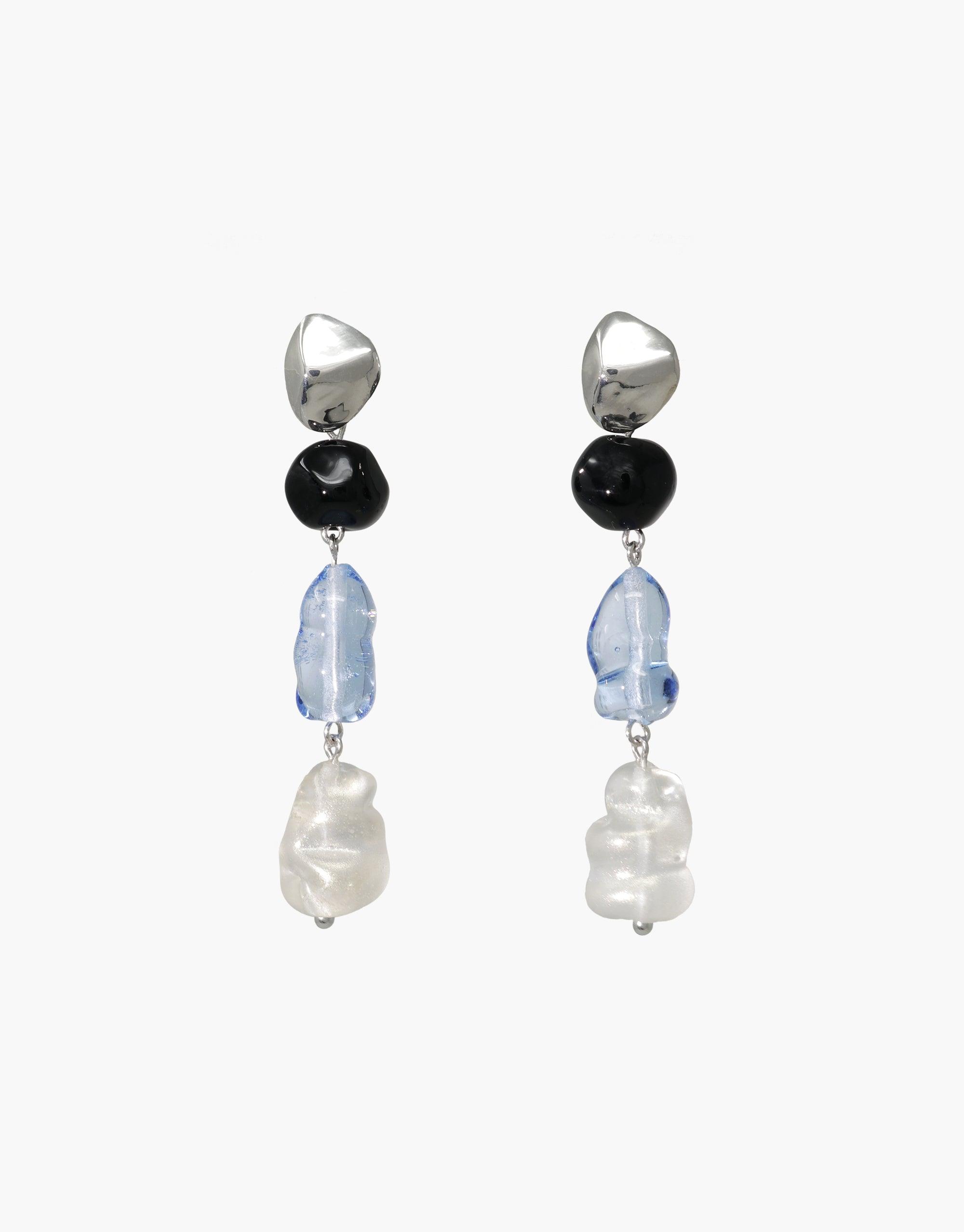 Elegant Blue Pearl Earrings featuring silver studs, black beads, and cascading blue and white glass drops, creating a stylish multi-color design inspired by Blue Jay plumage. Handcrafted from eco-friendly recycled materials. CLED