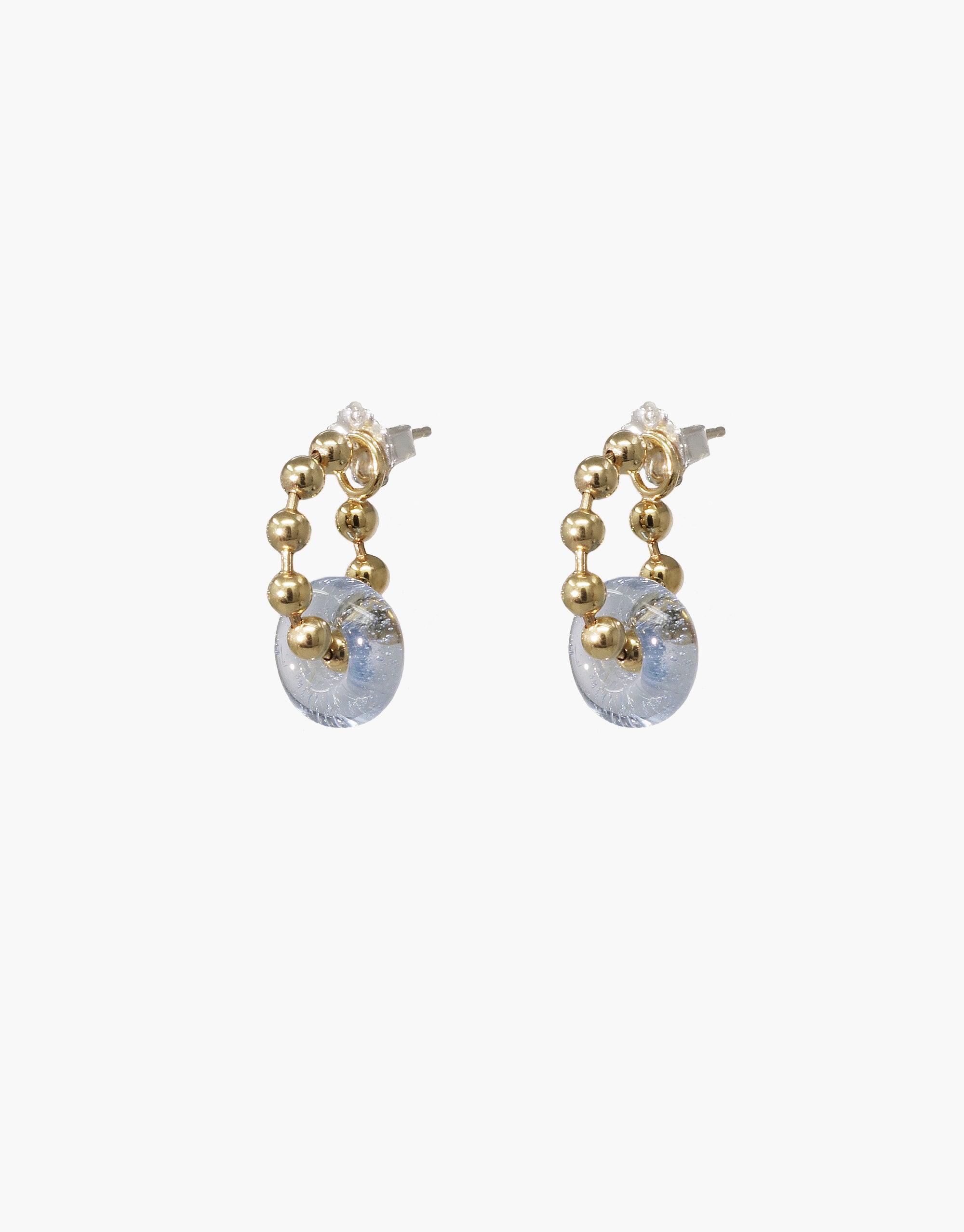 Donut Ball Hoop Earrings featuring gold-plated beaded hoops with translucent eco-gem pendants. Handcrafted jewelry showcasing upcycled glass in a prism-inspired design. Elegant and sustainable accessory by CLED.