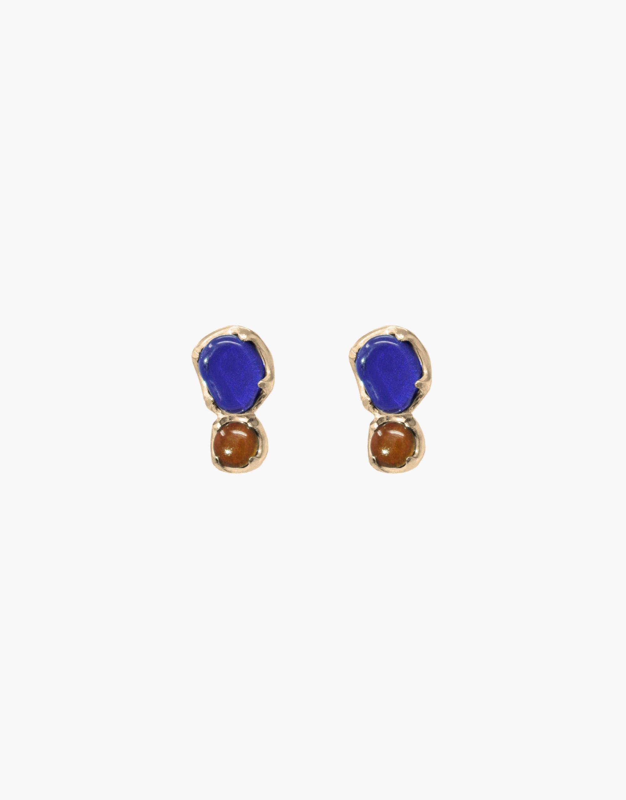 Duo Beam Earrings featuring vibrant blue and amber eco gems upcycled from discarded glass, set in gold-toned metal. Handcrafted, sustainable jewelry inspired by prismatic light. Unique, eco-friendly design by CLED.