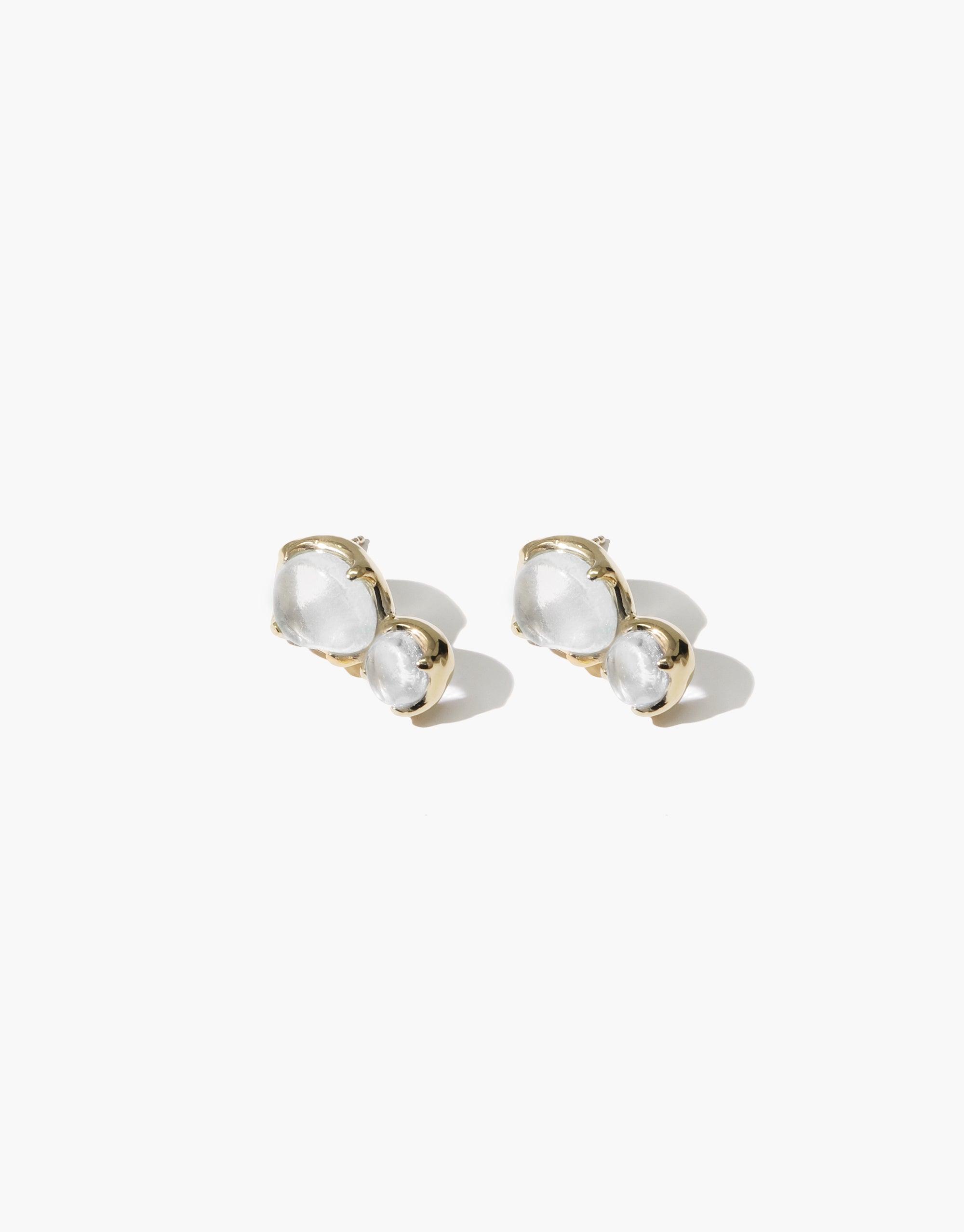Elegant Duo Beam Earrings featuring two translucent eco gems in gold-toned settings, showcasing sustainable luxury and modern design. Handcrafted earrings capture light beautifully, reflecting CLED's commitment to eco-friendly jewelry. Duo Beam Earrings by CLED.
