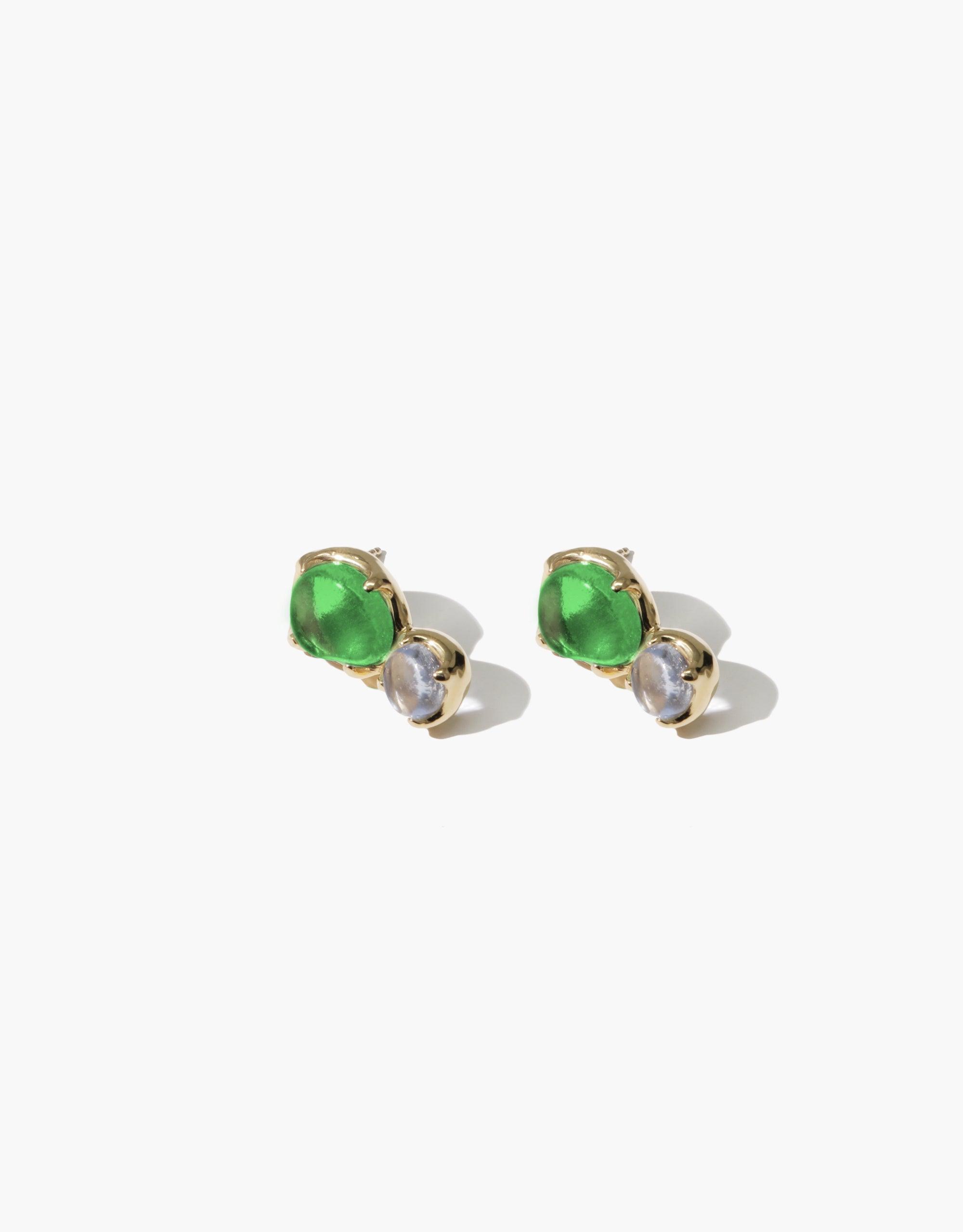 Elegant Duo Beam Earrings featuring green and clear eco gems upcycled from discarded glass, set in gold-toned metal. Sustainable jewelry design inspired by prismatic light refraction. Handcrafted statement piece by CLED.