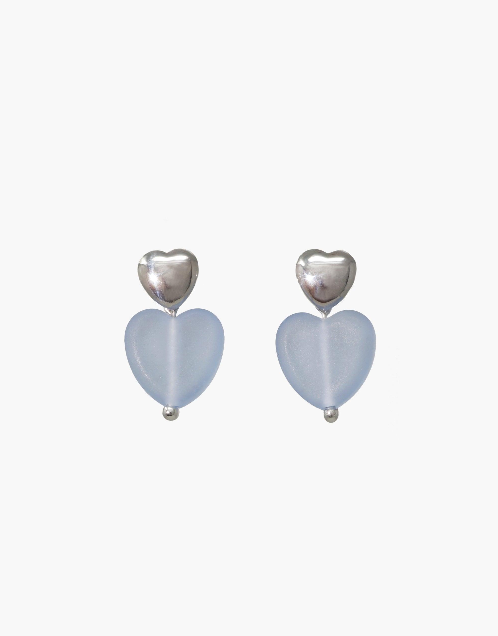 Elegant Love Earrings with Large Heart Drop featuring silver heart studs and matte blue jay glass heart drops. Handcrafted eco-friendly jewelry made from repurposed glass. Sterling silver and gold vermeil design. Sustainable and stylish accessory by CLED.